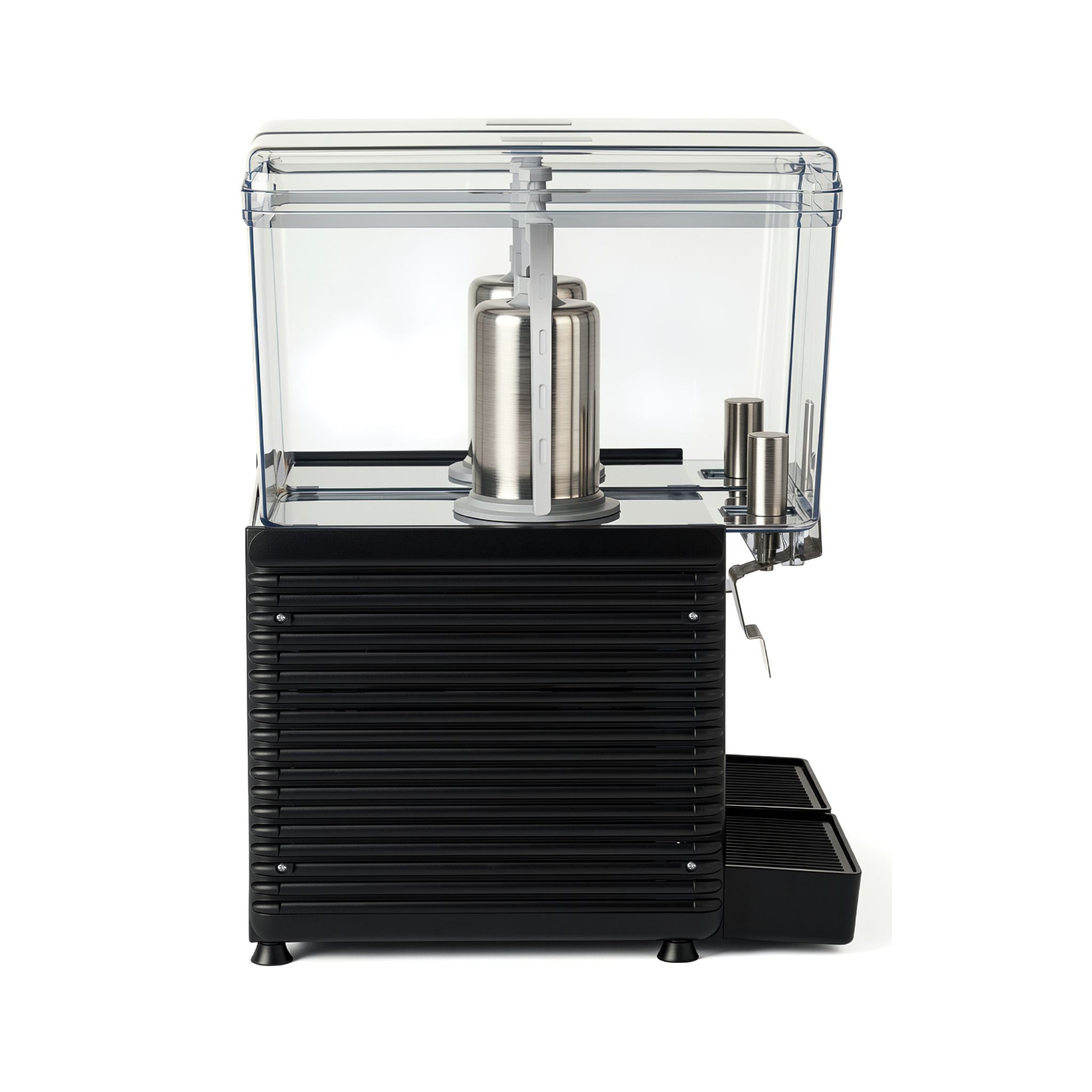 A commercial beverage dispenser with a black ribbed base, clear plastic canopy, stainless steel mixing cylinder, and a small black drip tray on a white background.