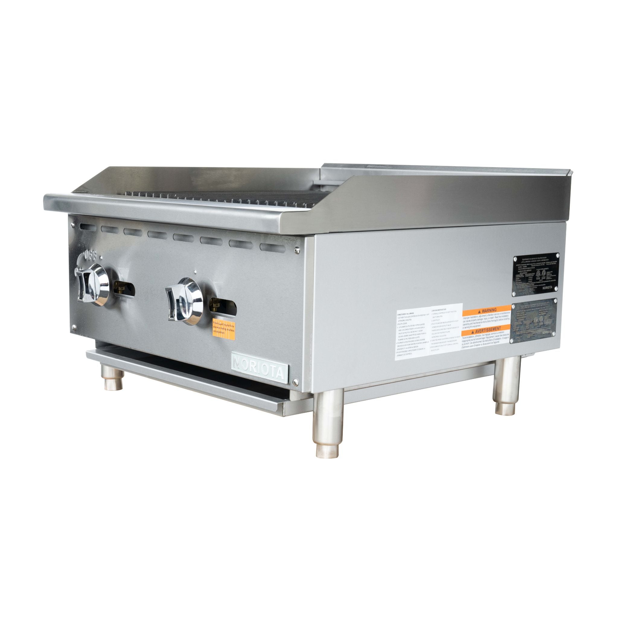 A commercial two-burner gas grill ior charbroiler  with a stainless steel body, flat top grilling surface, and two front-mounted gas knobs, shown on a plain white background.