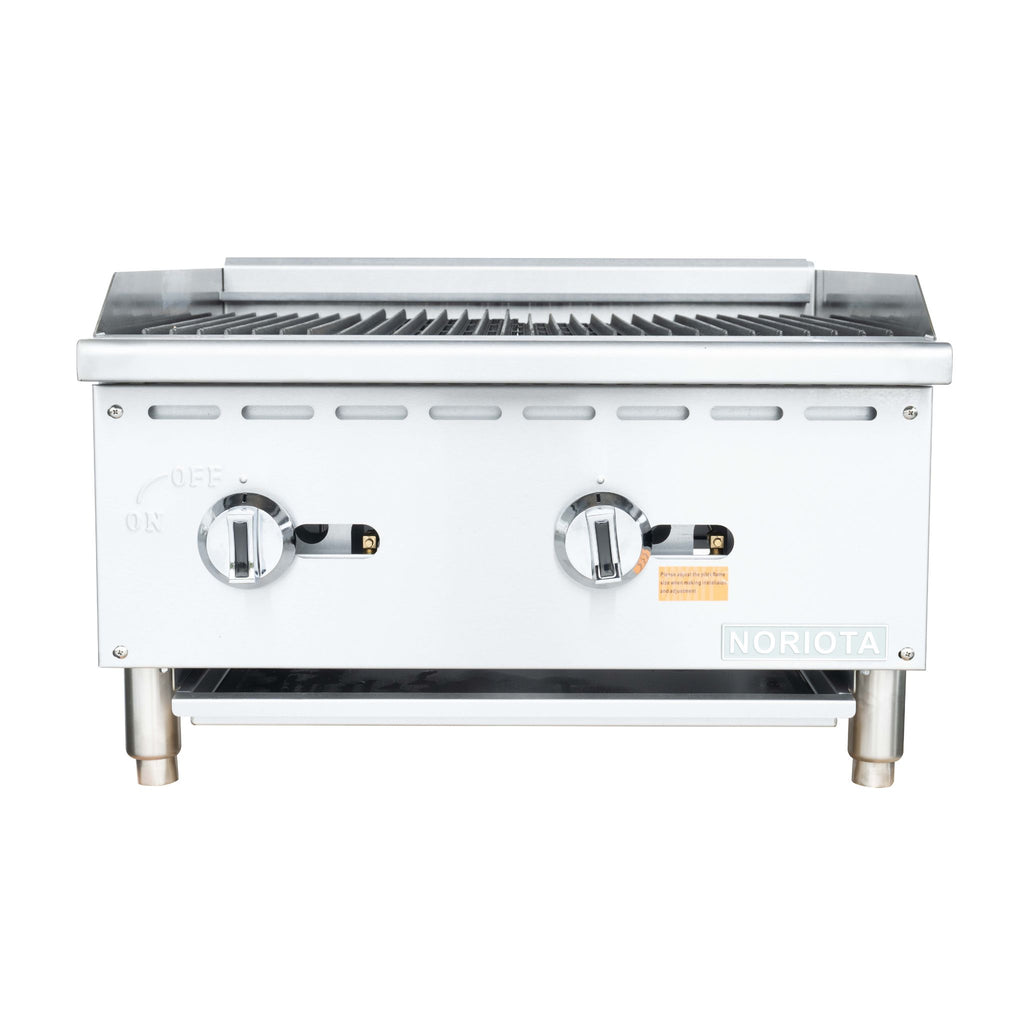 A stainless steel gas grill  or charbroiler with two front control knobs, a clear lid, and a metal grate, shown against a plain white background.