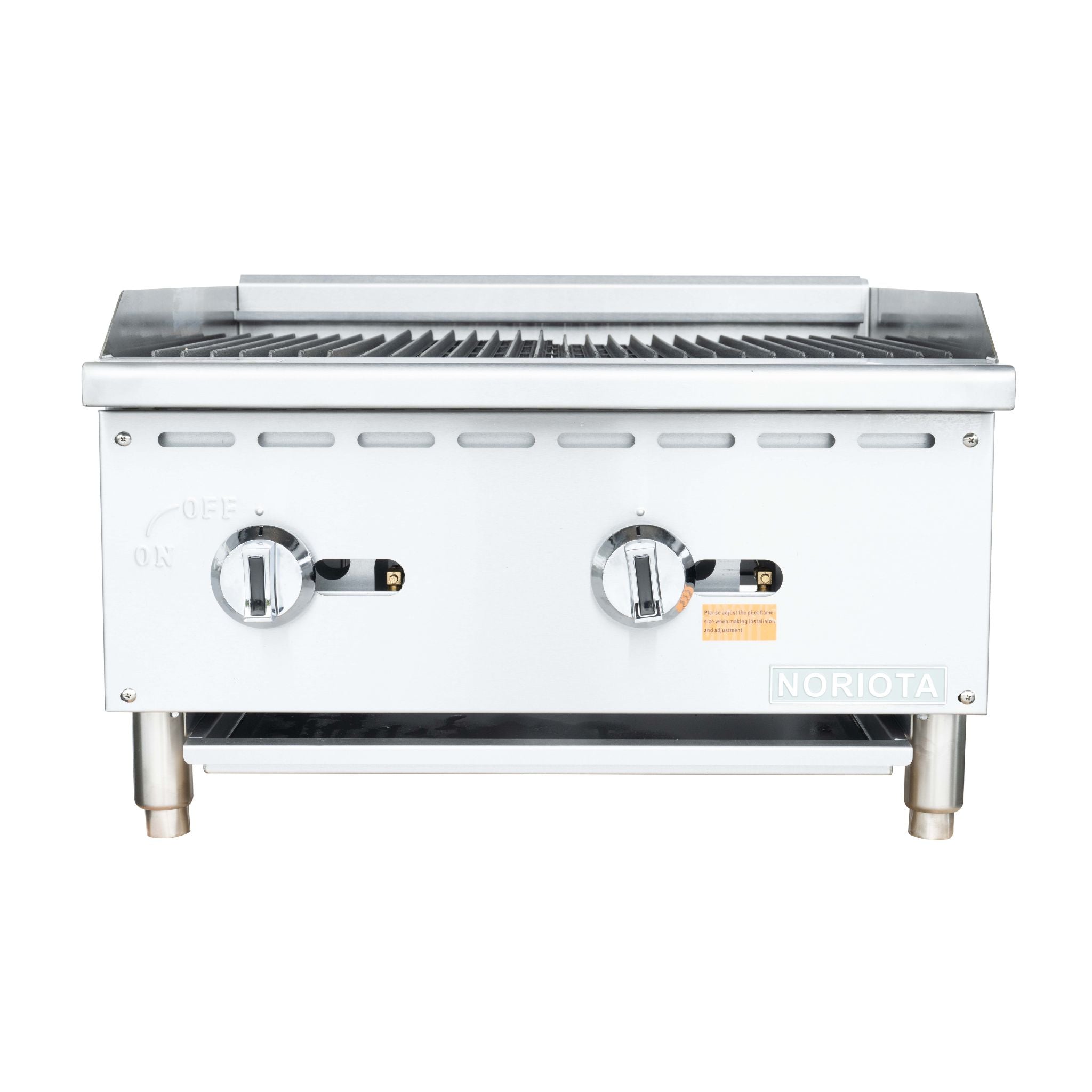 A stainless steel gas grill  or charbroiler with two front control knobs, a clear lid, and a metal grate, shown against a plain white background.