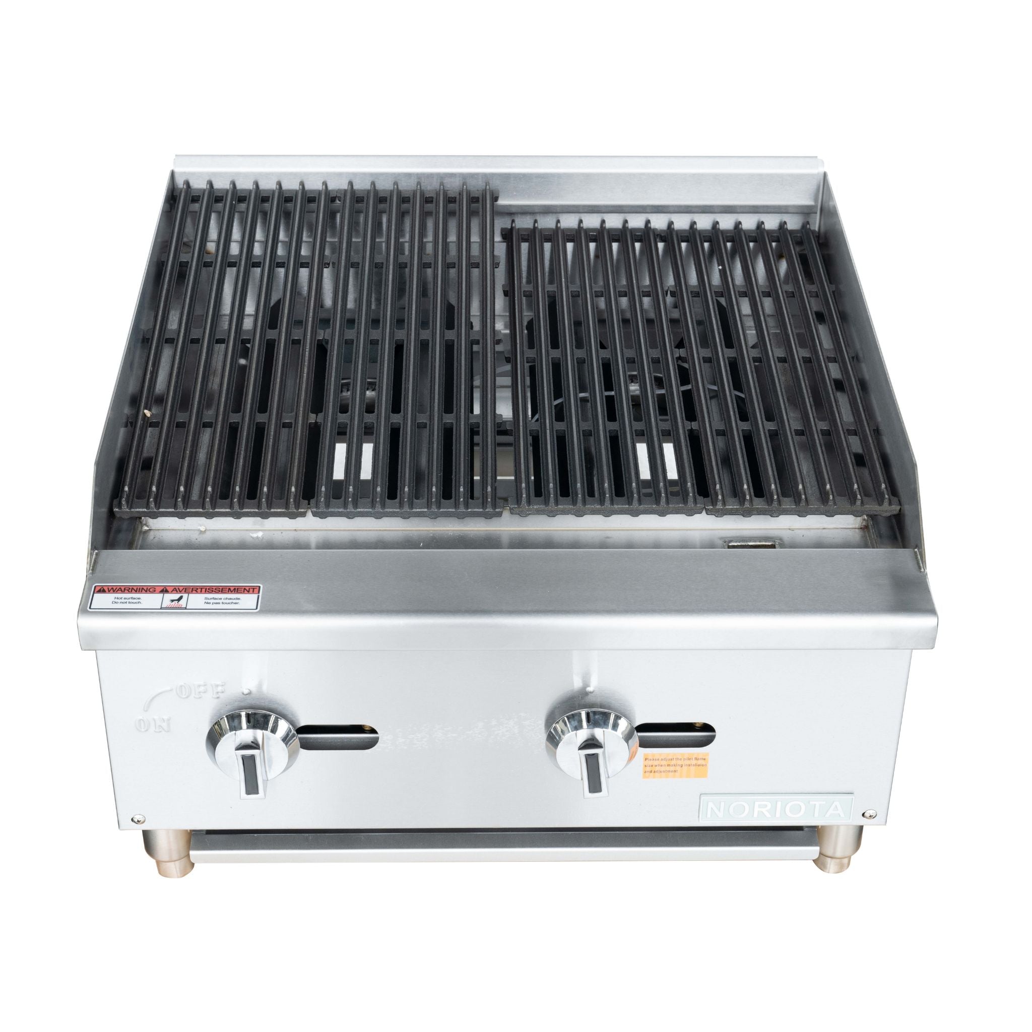 A stainless steel commercial two-burner gas grill or charbroiler with black cast-iron grates, dual control knobs, and feet, shown against a plain white background.