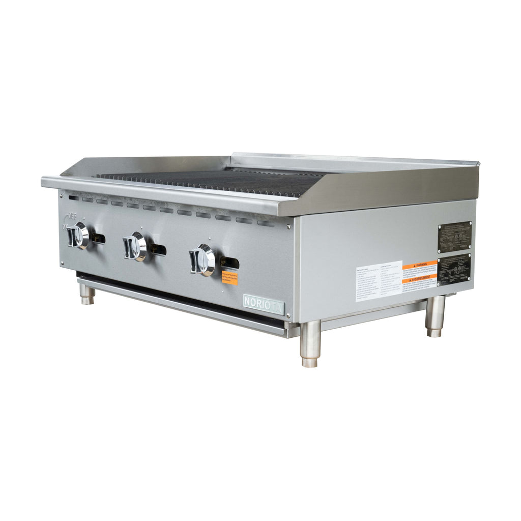 A commercial three-burner gas grill or charbroiler with a stainless steel body, three control knobs on the front, and a dark griddle surface, shown on a plain white background.