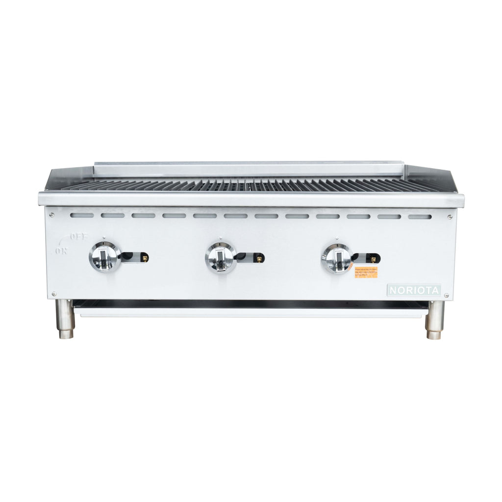 A commercial three-burner gas grill or charbroiler with a stainless steel body, three control knobs, and a flat griddle top, shown against a plain white background.