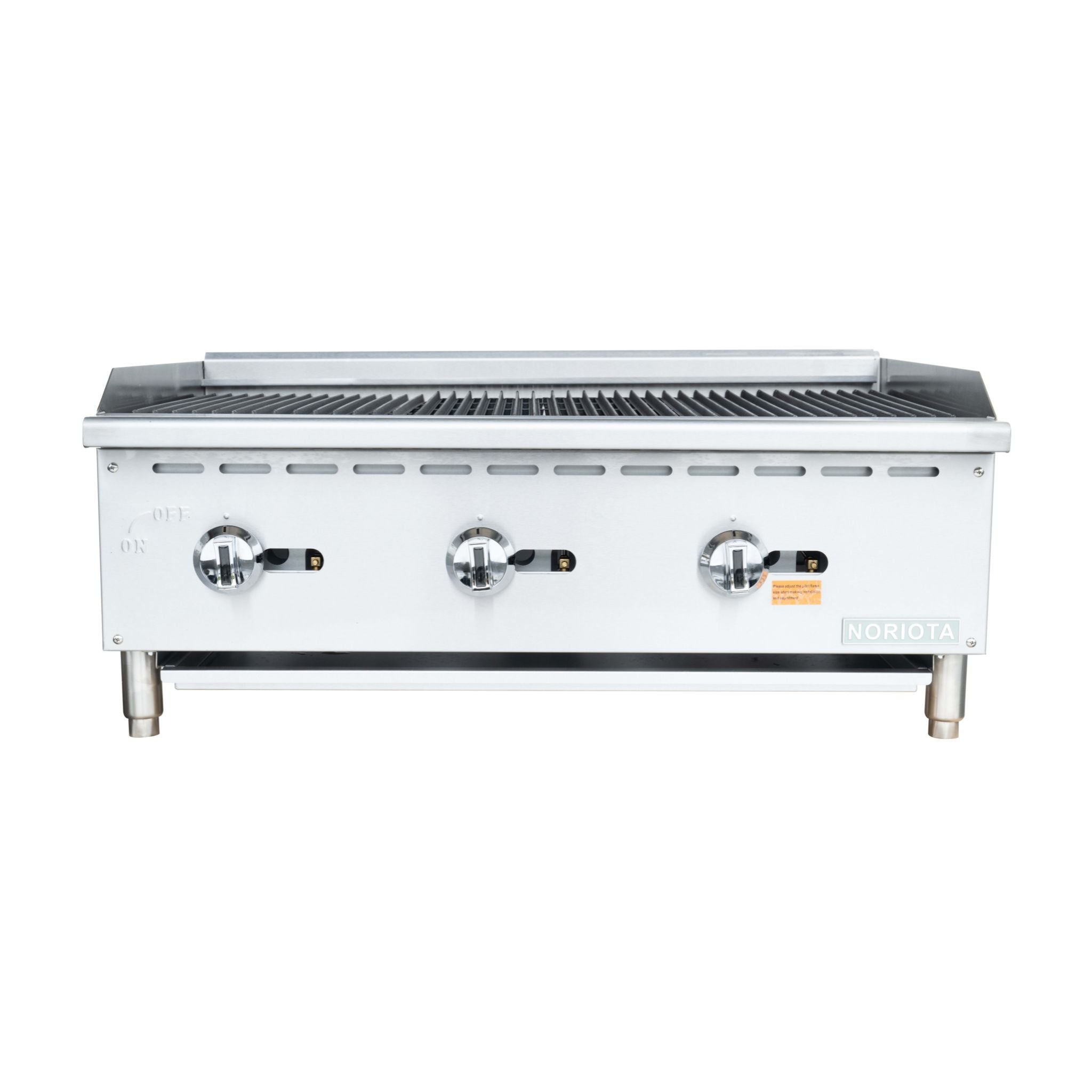 A commercial three-burner gas grill or charbroiler with a stainless steel body, three control knobs, and a flat griddle top, shown against a plain white background.