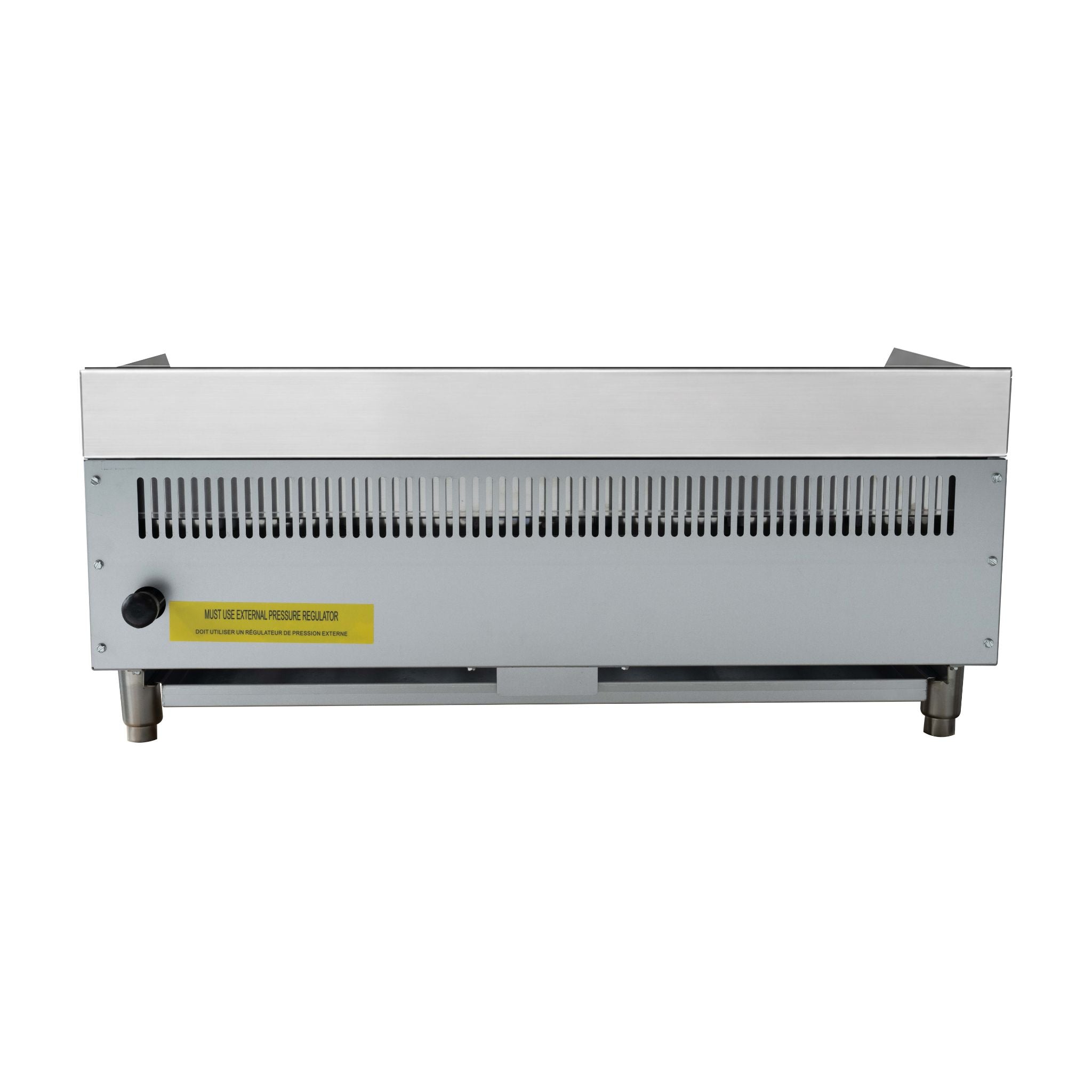 A stainless steel commercial gas appliance charbroiler, shown from the back with a yellow warning label and a black valve connector.