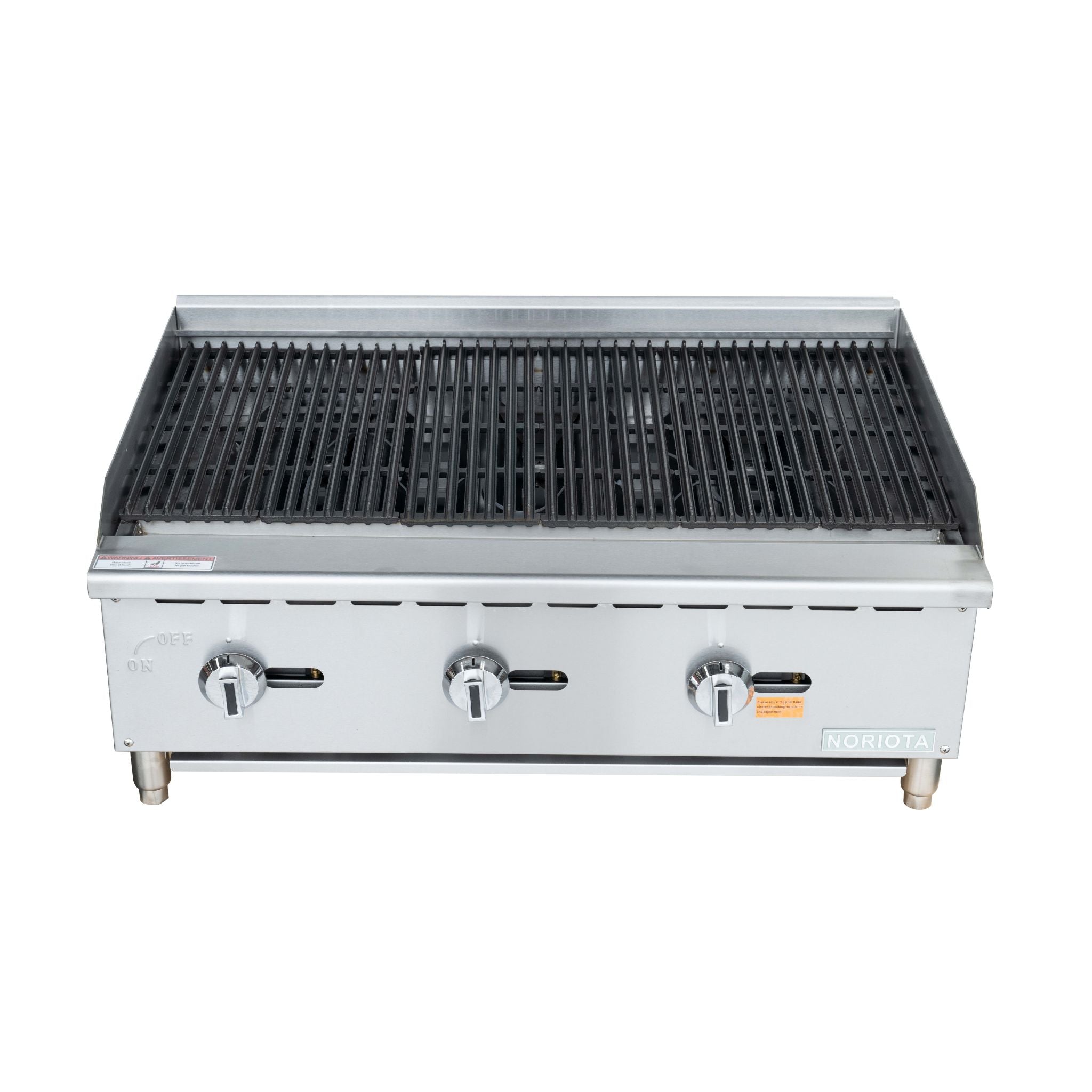 A commercial three-burner gas grill or charbroiler with a stainless steel body, black grates, and three control knobs on a white background.