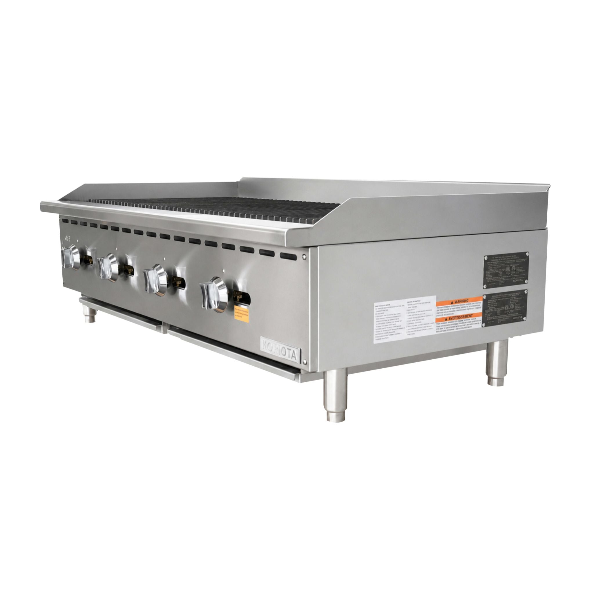 A commercial gas grill or charbroiler with a stainless steel body, four front burners with silver knobs, and a flat griddle surface, shown on a plain white background.