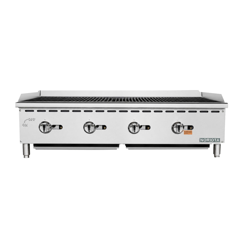 A NORIOTA commercial gas grill or charbroiler with a stainless steel body, four control knobs, and a black griddle surface, shown against a plain white background.