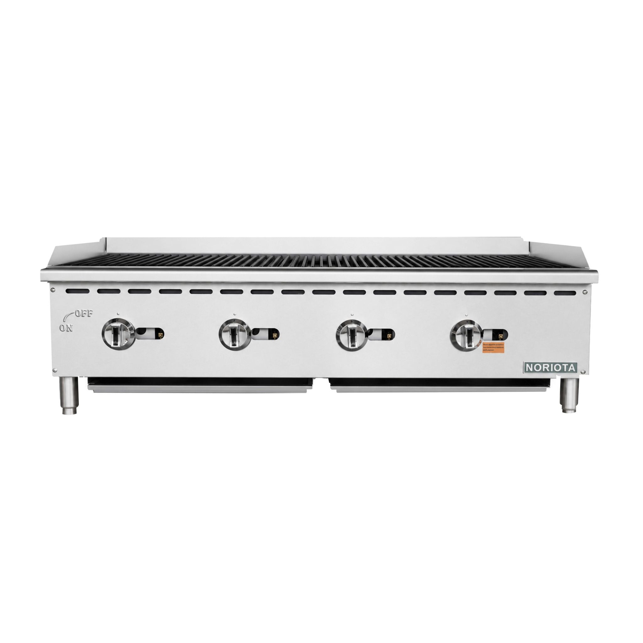 A NORIOTA commercial gas grill or charbroiler with a stainless steel body, four control knobs, and a black griddle surface, shown against a plain white background.