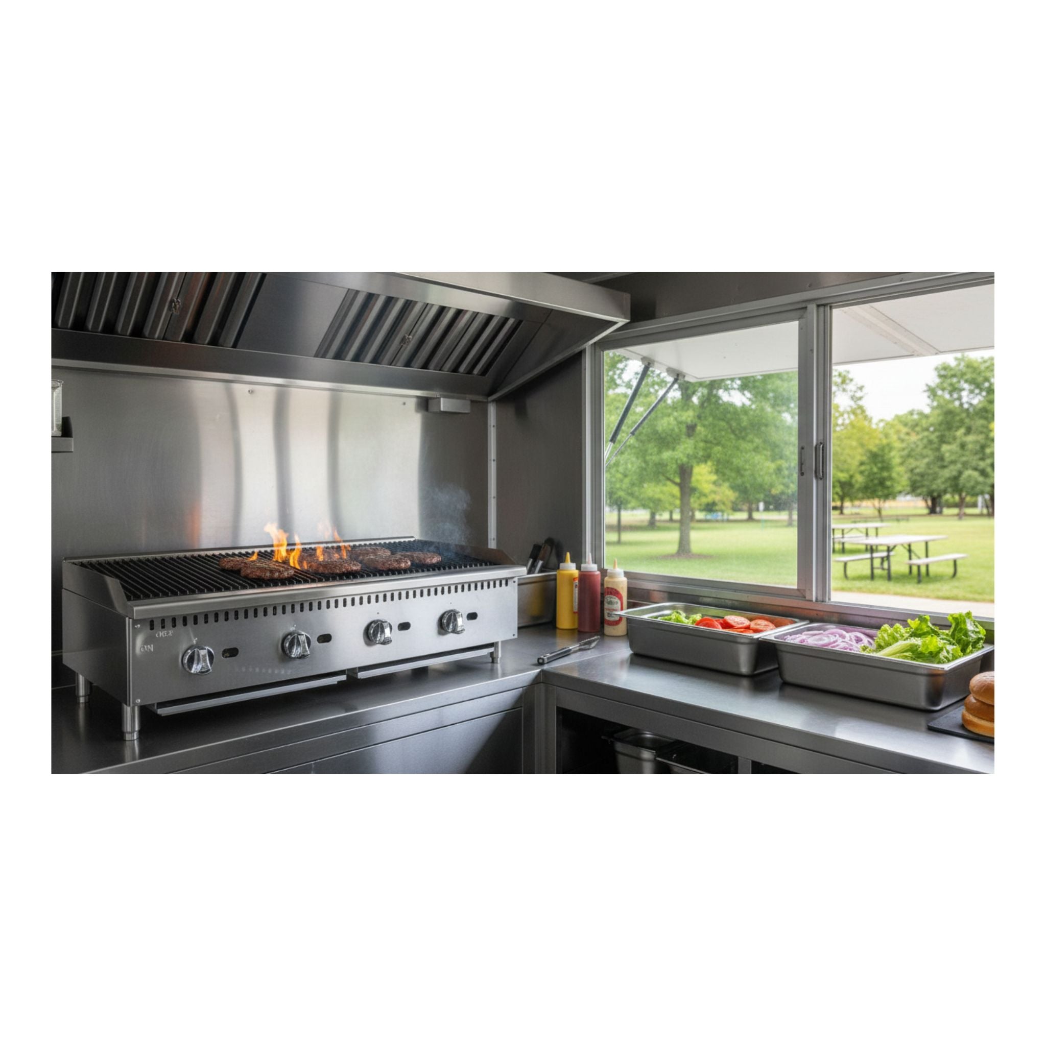 Stainless steel grill or charbroiler on a restaurant kitchen counter with a view of trees and a picnic table.