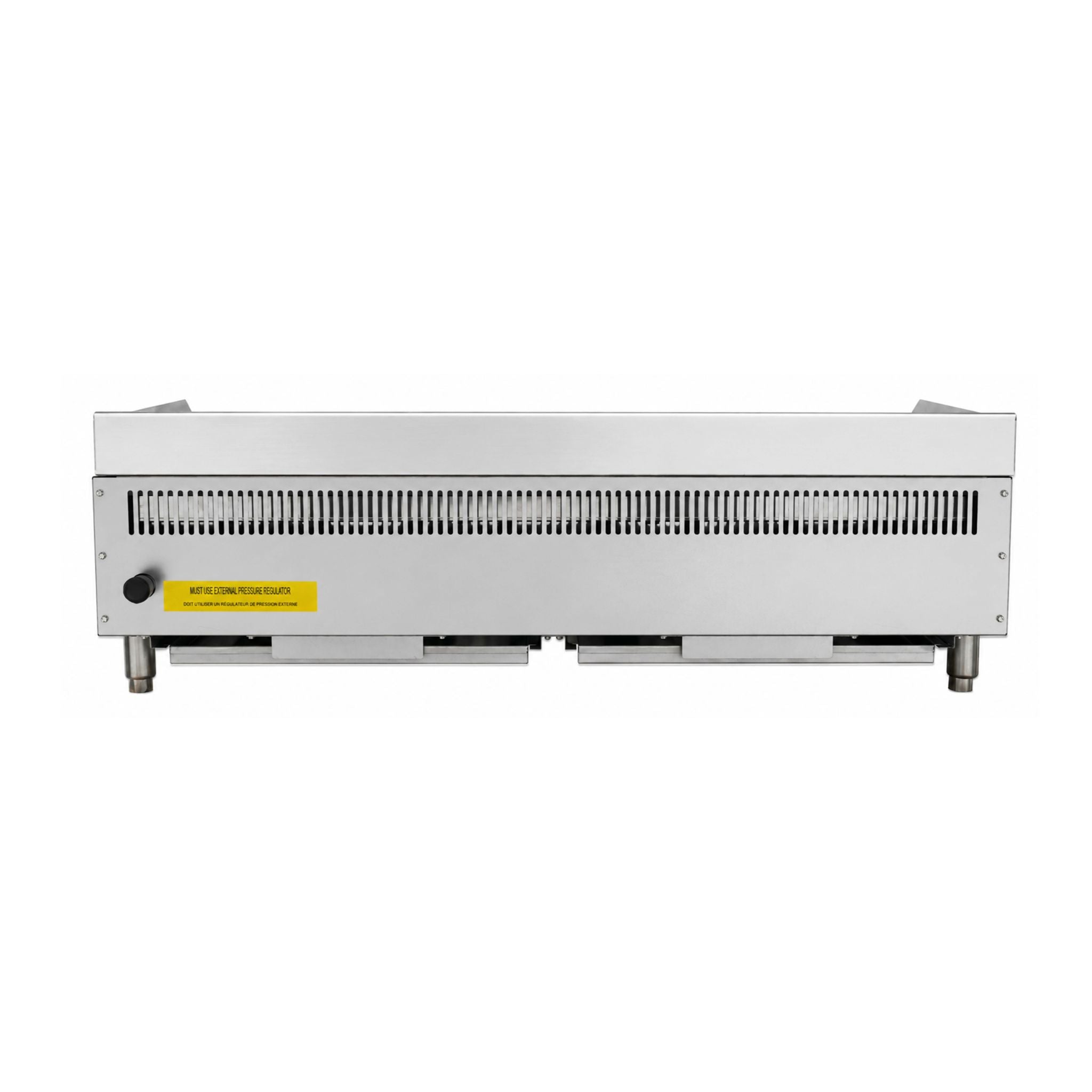 A stainless steel commercial grill charbroiler shown from the front, featuring a vented metal front panel, small feet, and a yellow warning label on a white background.