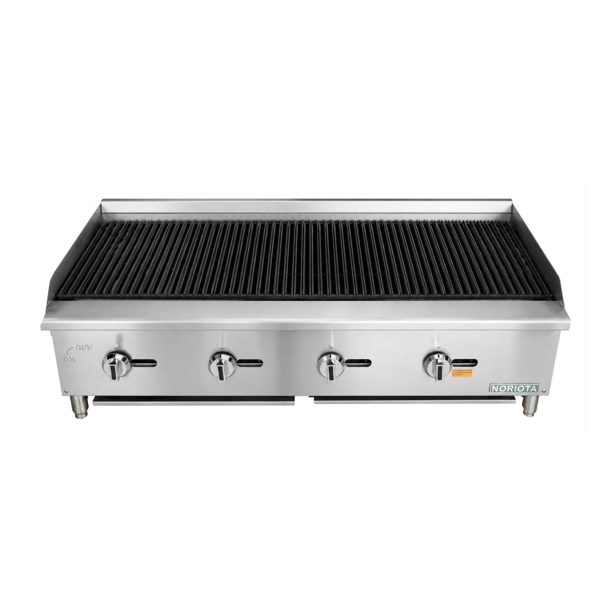 A commercial three-burner gas grill or charbroiler with a stainless steel body and black ribbed grates, shown from a front three-quarter angle on a white background.