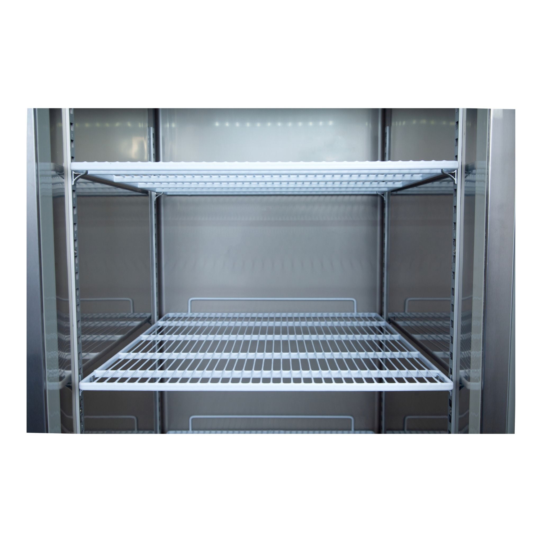 nf23 inside reach in freezer metal shelving unit with multiple shelves on a stainless steel background