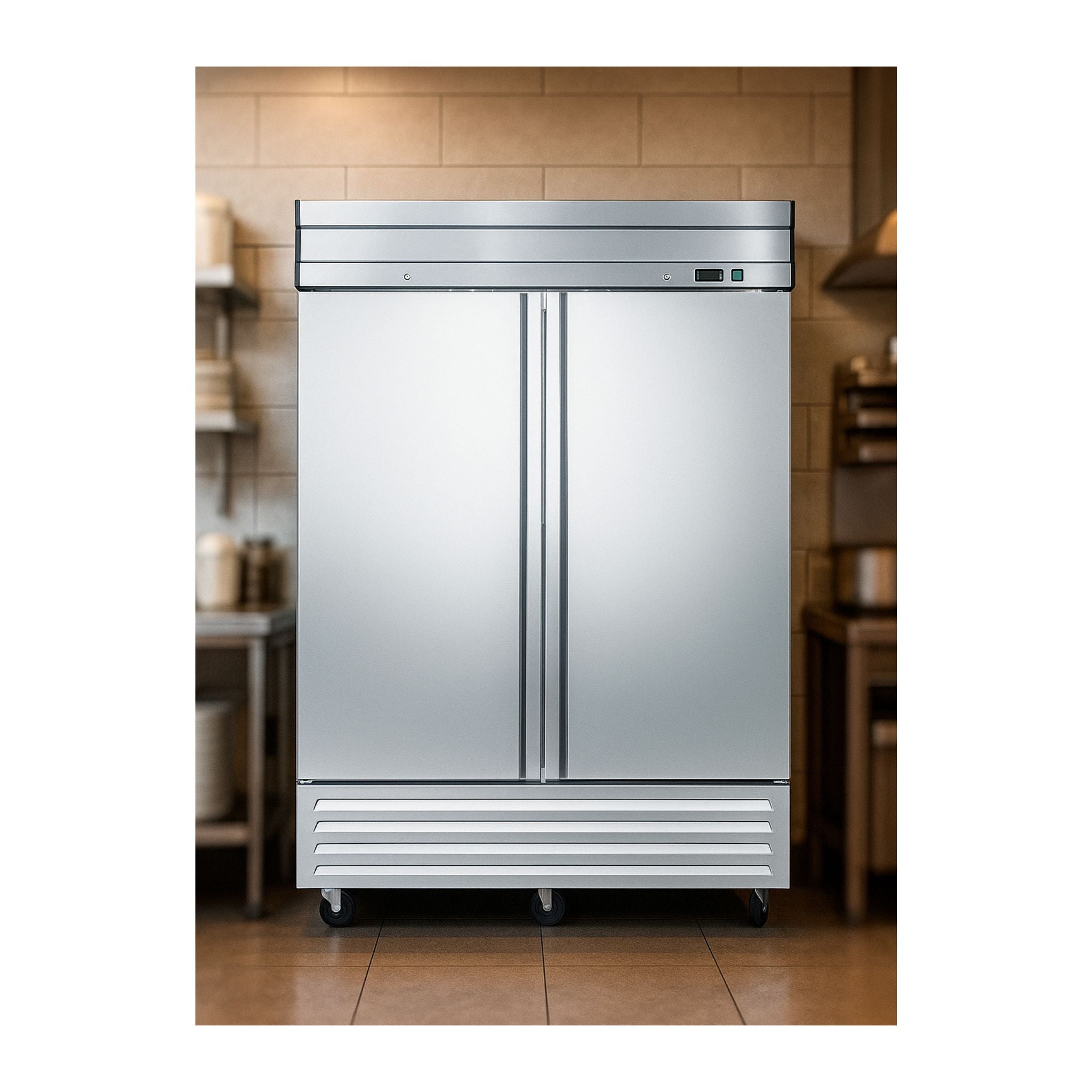 noriota nf49 commercial kitchen lifestyle image front stainless steel commercial solid door freezer