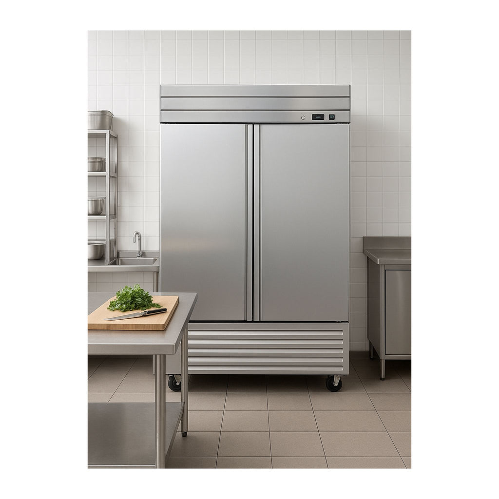 noriota nf49 commercial kitchen lifestyle image stainless steel commercial solid door freezer