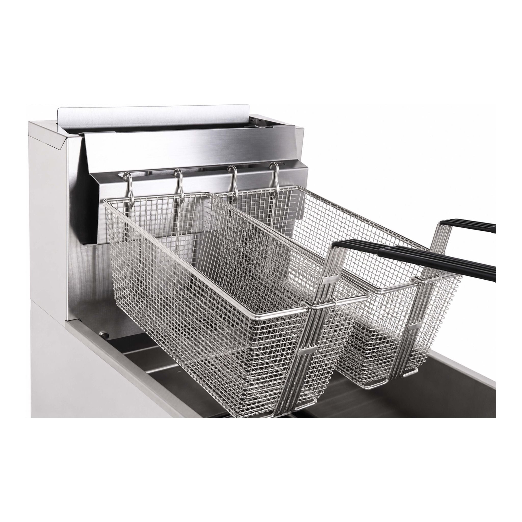 Two stainless steel wire deep fry baskets with black handles, shown partially pulled out of a stainless steel deep fryer on a white background.