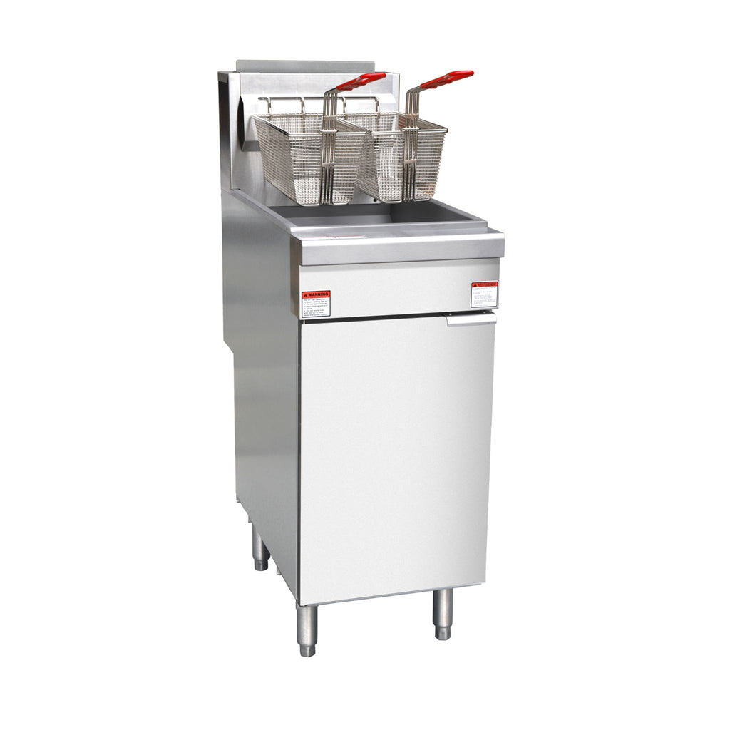 noriota nff3les gas floor fryer with fryer baskets left side view stainless steel energy star