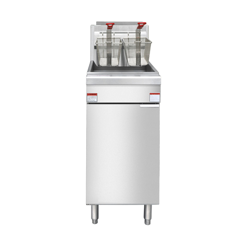noriota nff4les gas floor fryer with fryer baskets front view stainless steel energy star