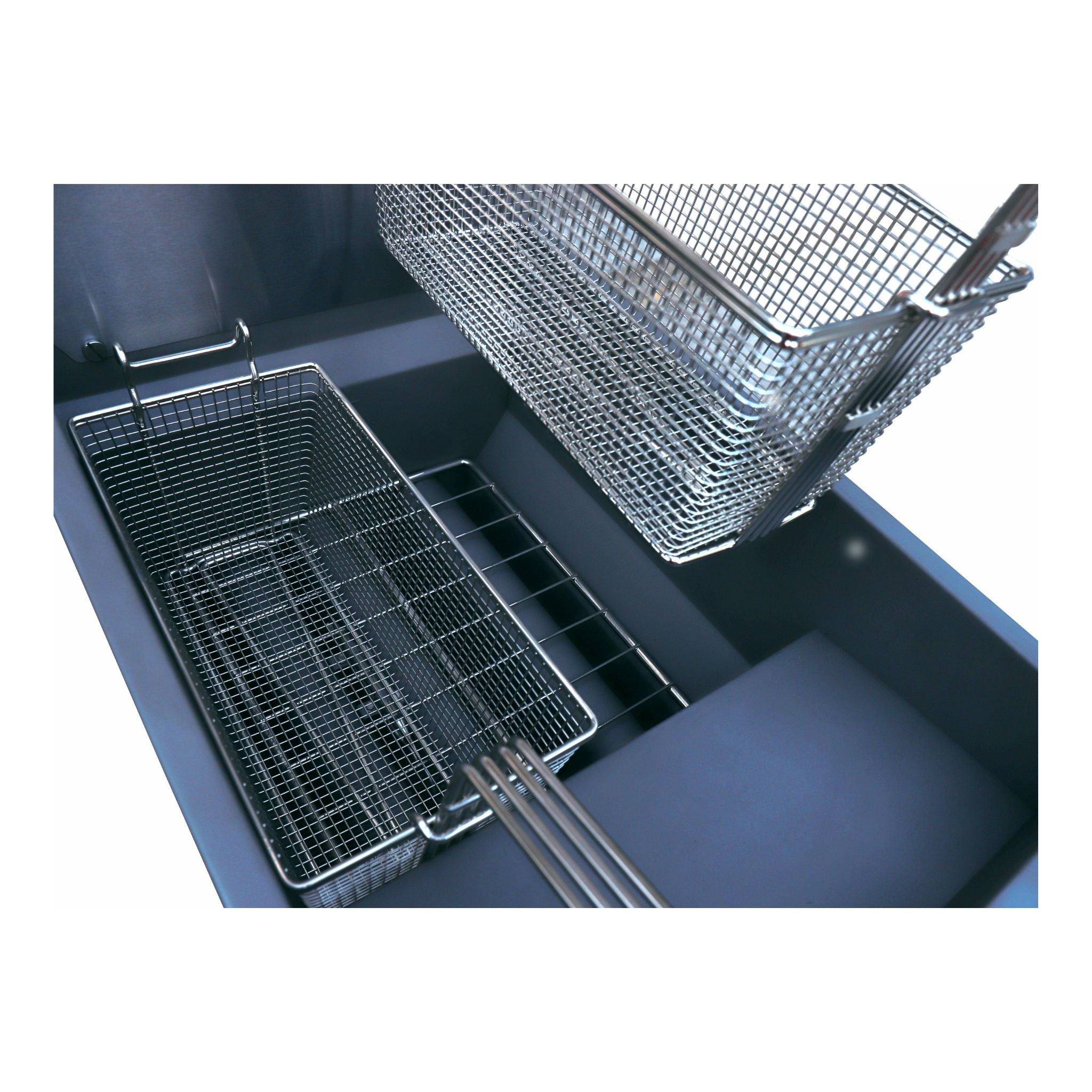 A stainless steel wire basket fryer insert shown inside a dark blue fryer pot, with a second basket partially raised and three metal handles visible.
