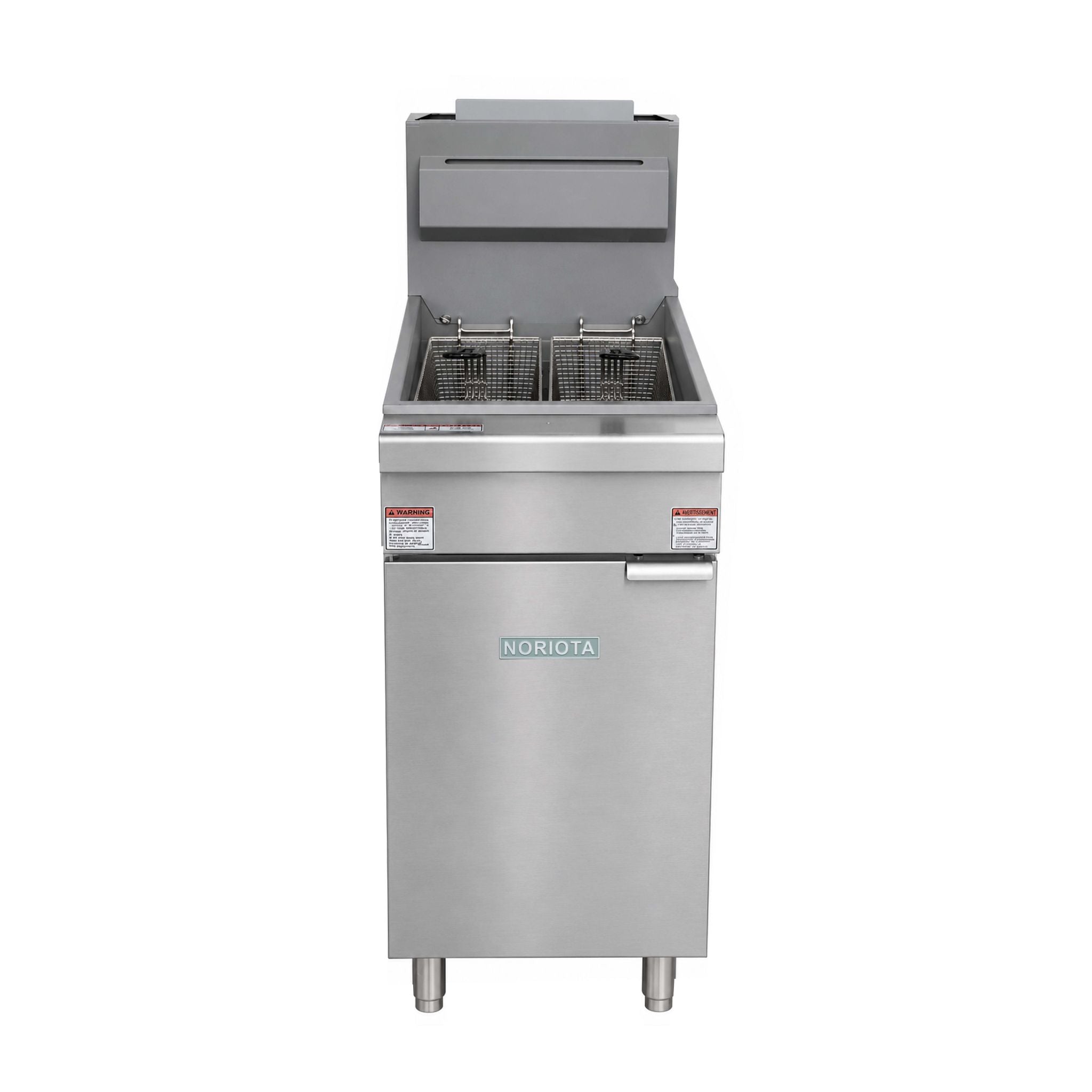A stainless steel commercial deep fryer with two baskets, shown from the front on a solid white background. The brand name 'NORIOTA' is visible in green on the lower door.