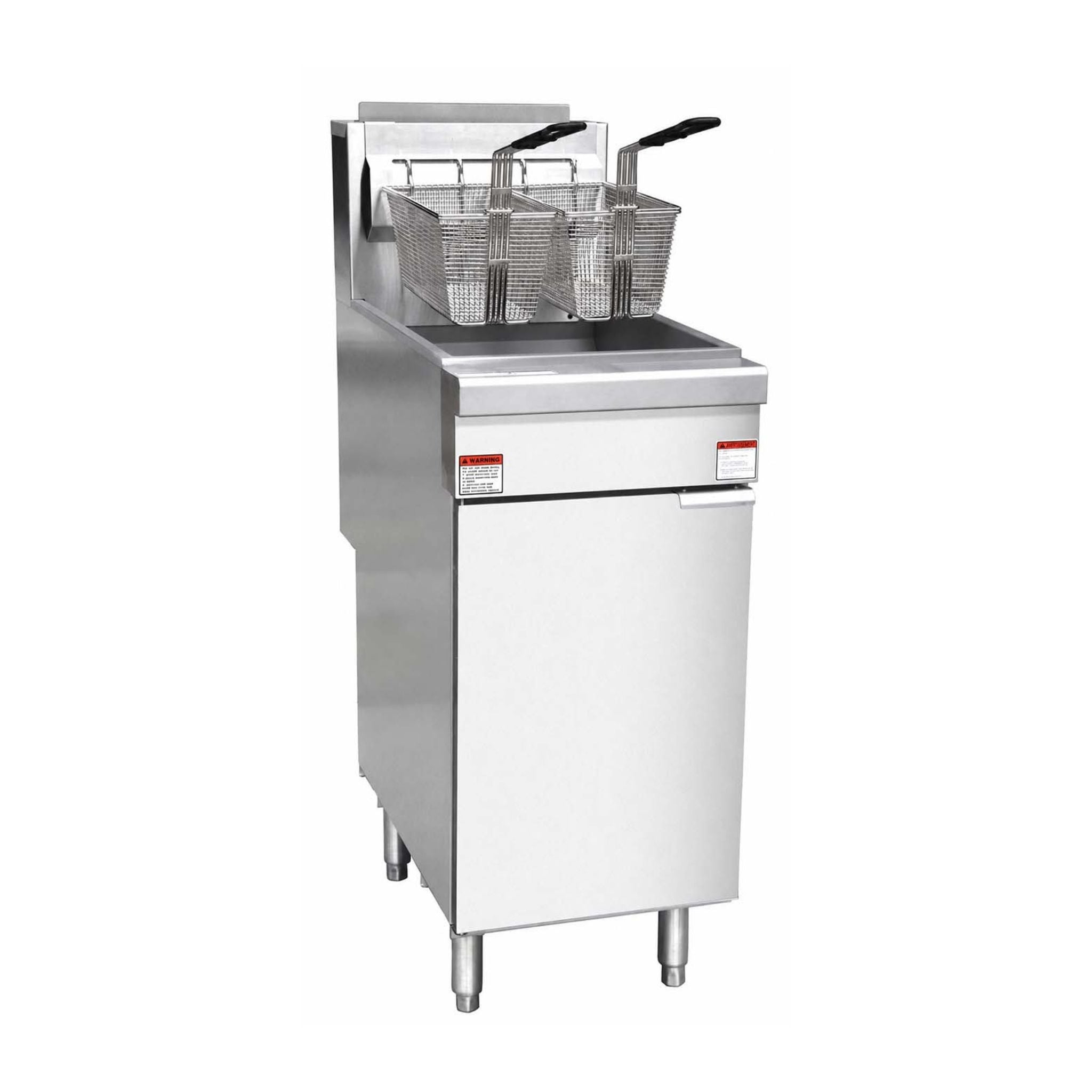 A commercial two-bender deep fryer in stainless steel, featuring two wire baskets with black handles, set against a plain white background.