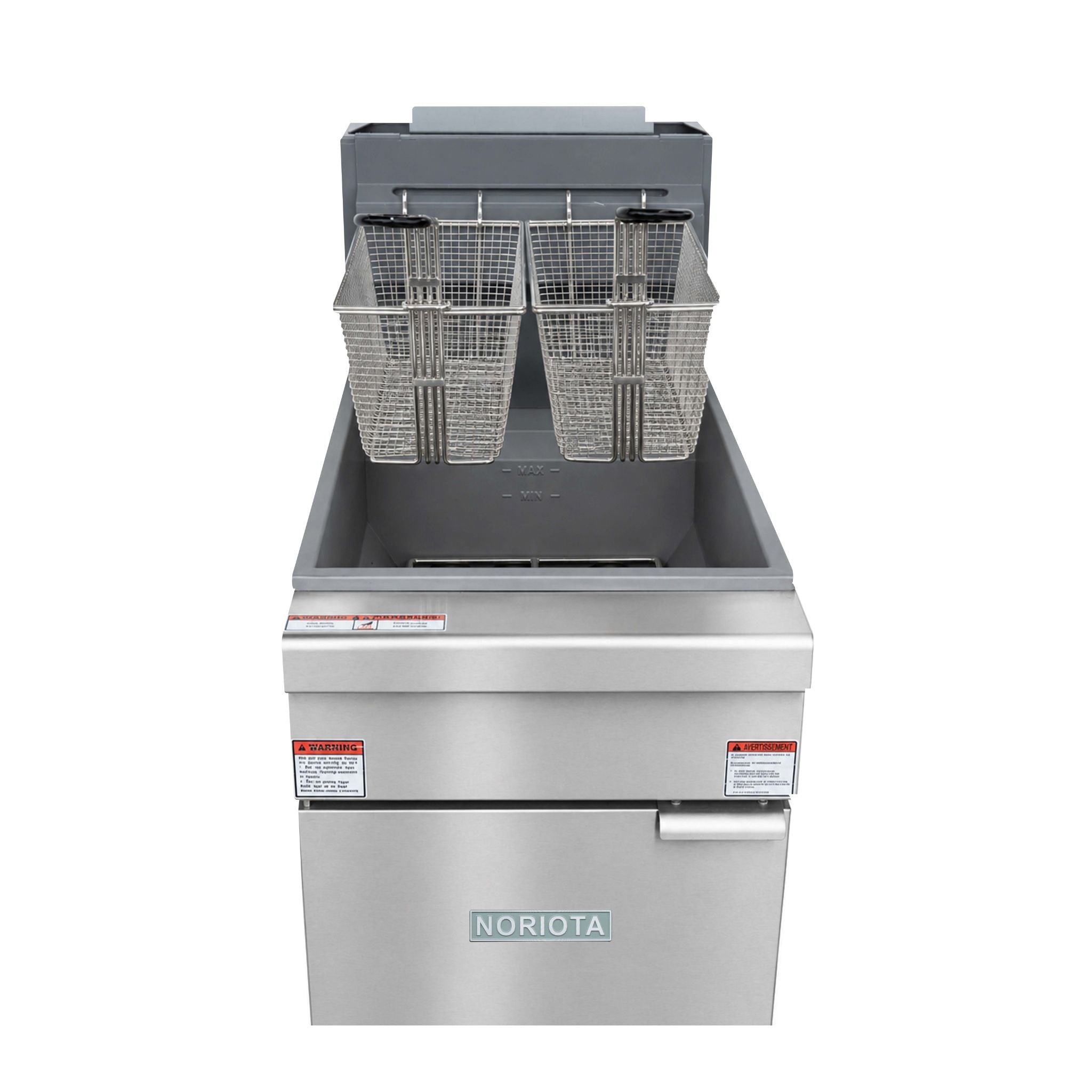 A stainless steel commercial deep fryer with two wire baskets hanging above the fry pot, shown on a plain white background. The brand name NORIOTA is visible on the front door.