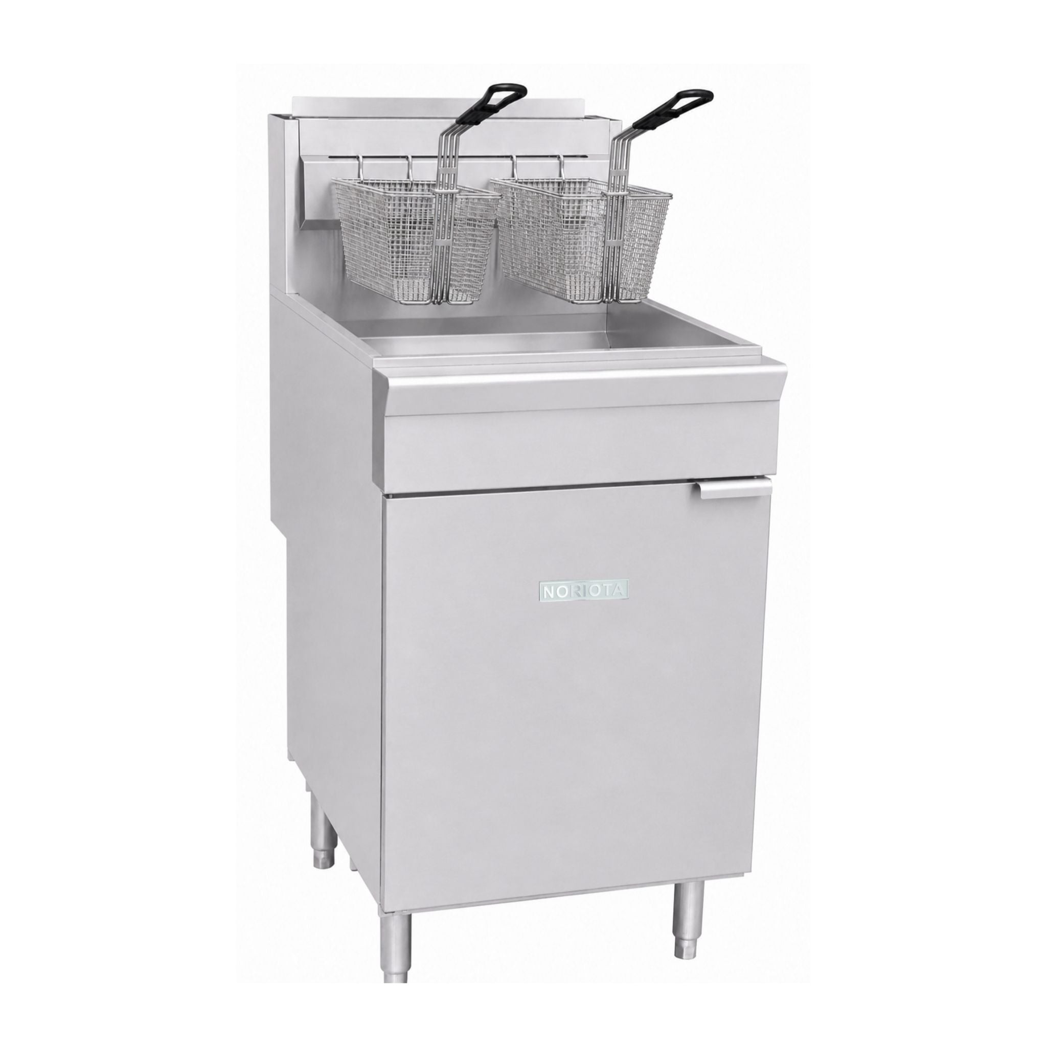 A stainless steel commercial deep fryer with two wire baskets and black handles, set against a plain white background.