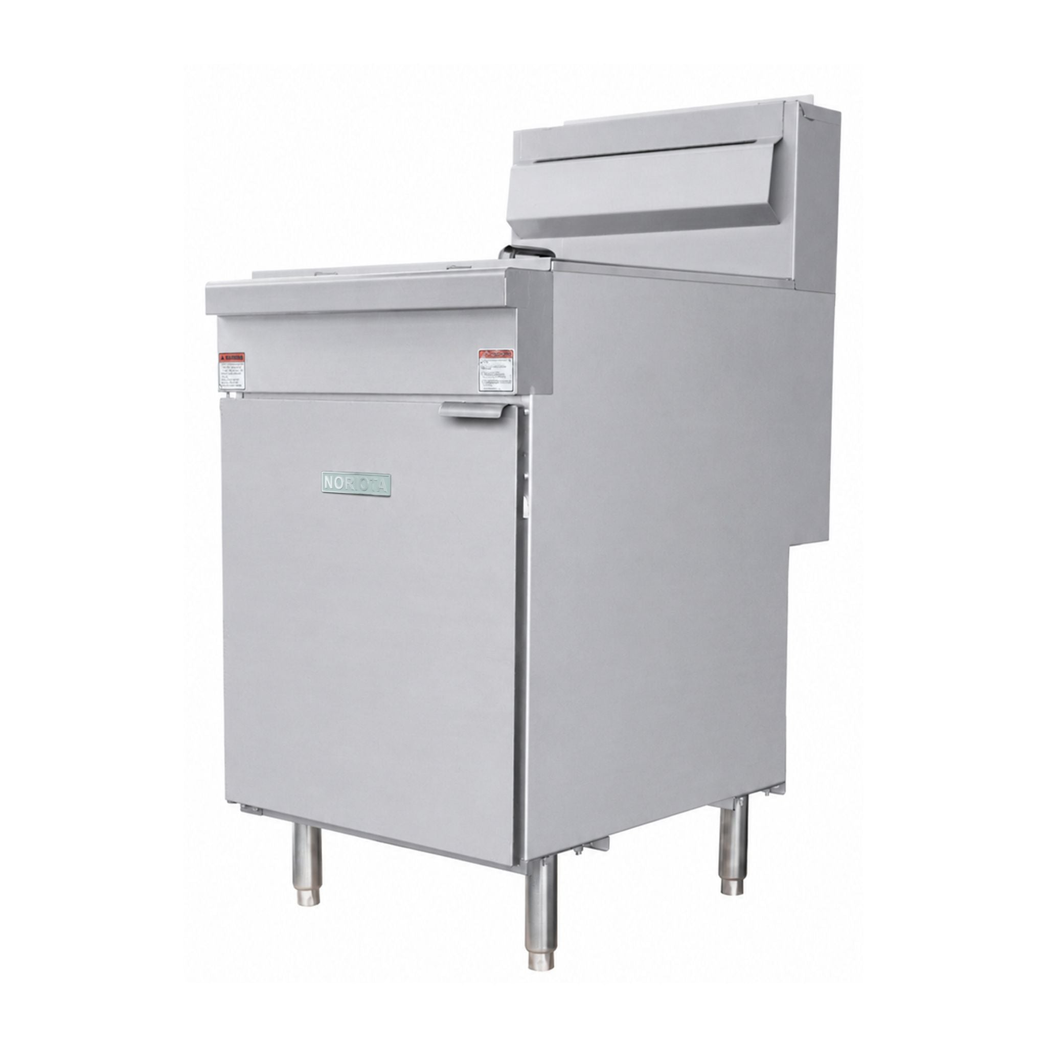 A commercial stainless steel floor fryer with, side handle, and top-mounted lid, photographed on a plain white background.