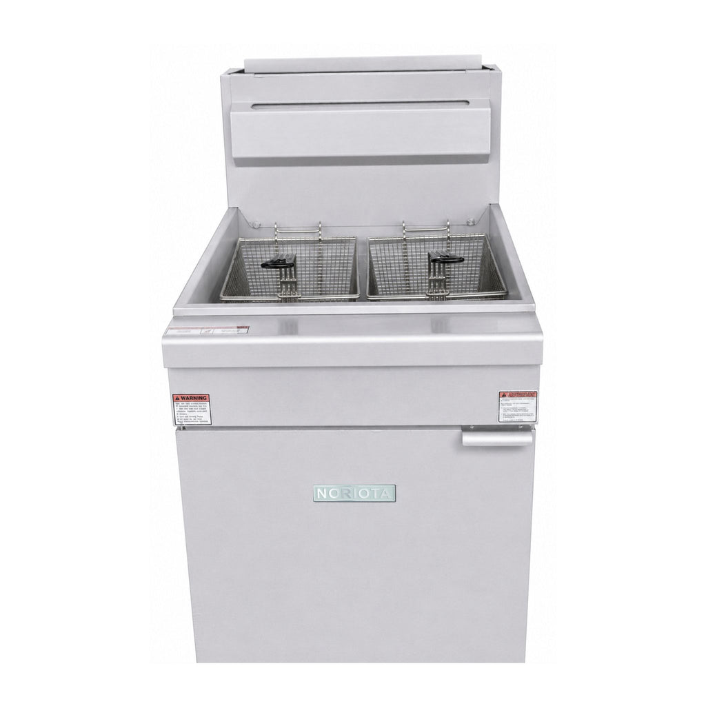 A stainless steel commercial floor deep fryer with an open lid, two wire baskets, and a front-mounted handle on a plain white background.
