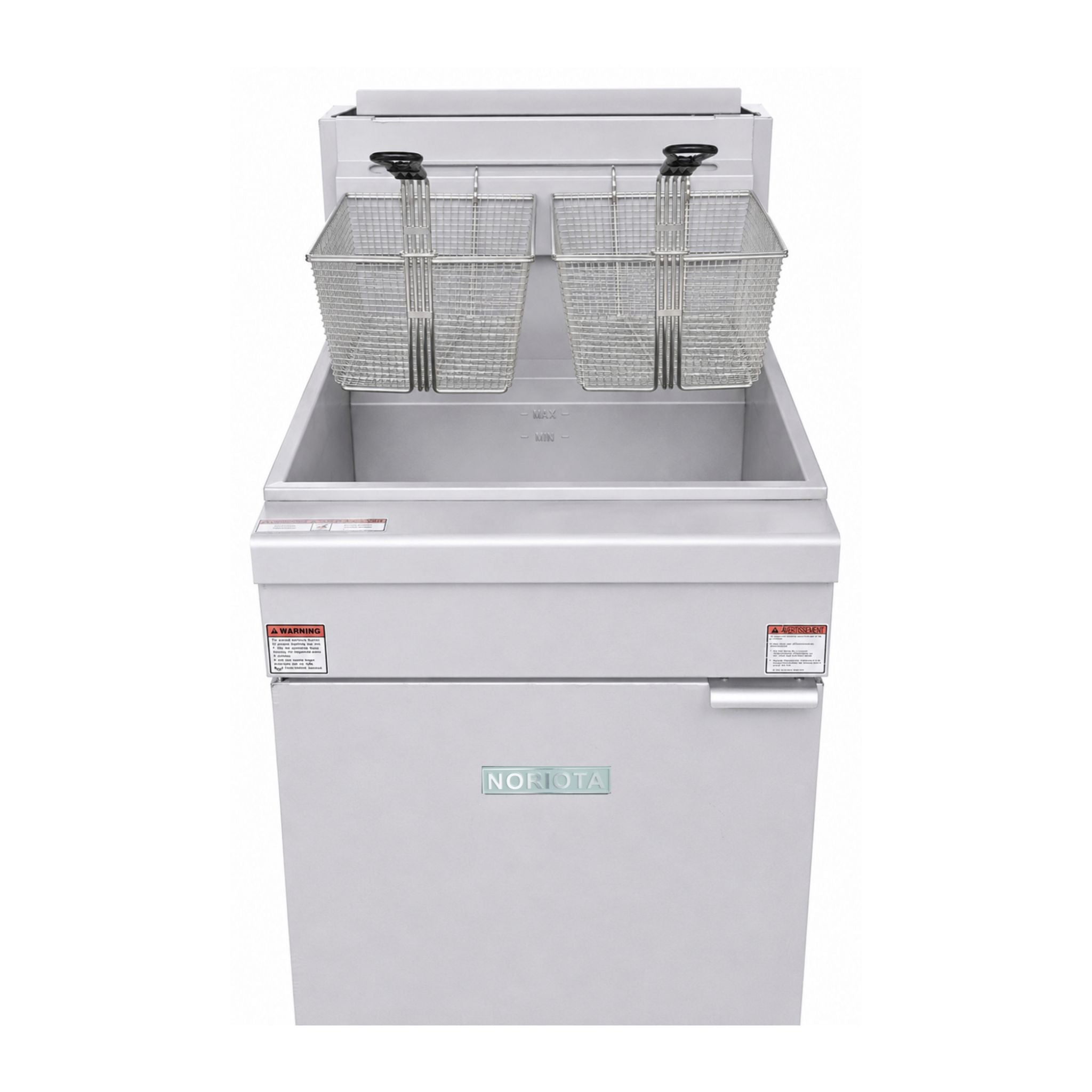 A 70lb floor deep fryer with metal wire baskets, shown on a plain white background. NORIOTA brand.