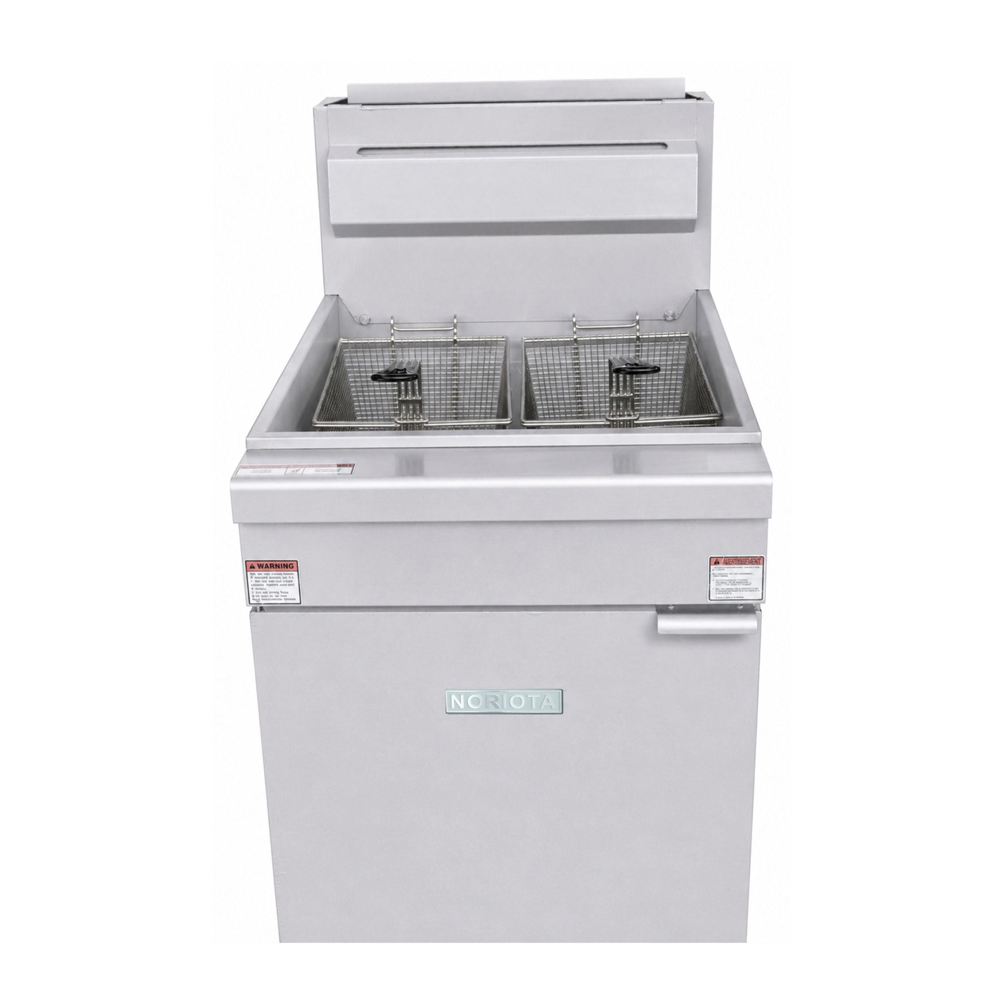 A NORIOTA stainless steel commercial double-bowl deep fryer with an open lid, two wire baskets, and a front-mounted handle on a plain white background.