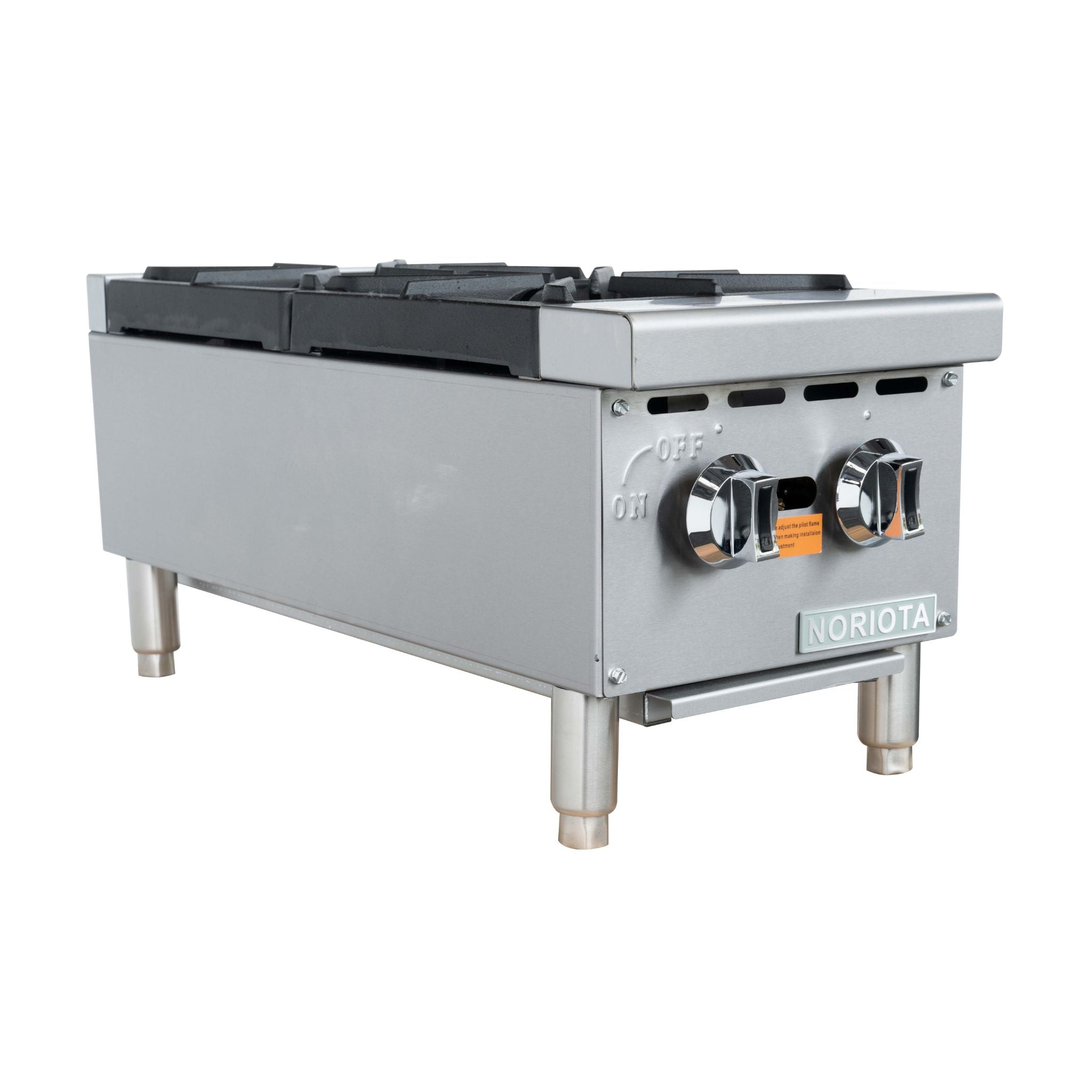 A stainless steel commercial gas grill or hot plate with two control knobs, black grates on top, and a visible NORIOTA brand badge on the front right side, isolated on a white background.