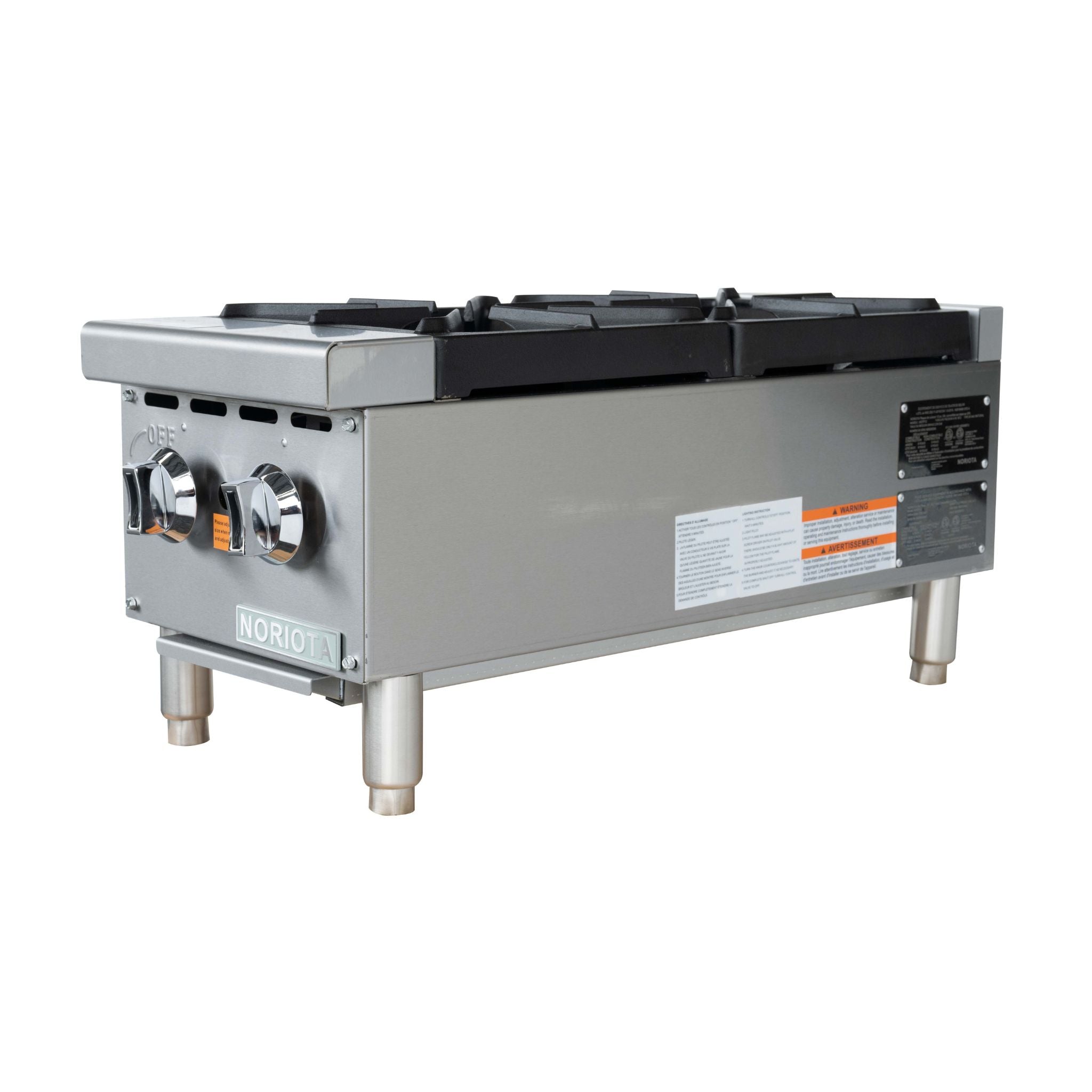 A commercial two-burner gas range stove hot plate with a stainless steel body, black burner grates, and two silver control knobs on the front left, shown against a plain white background.