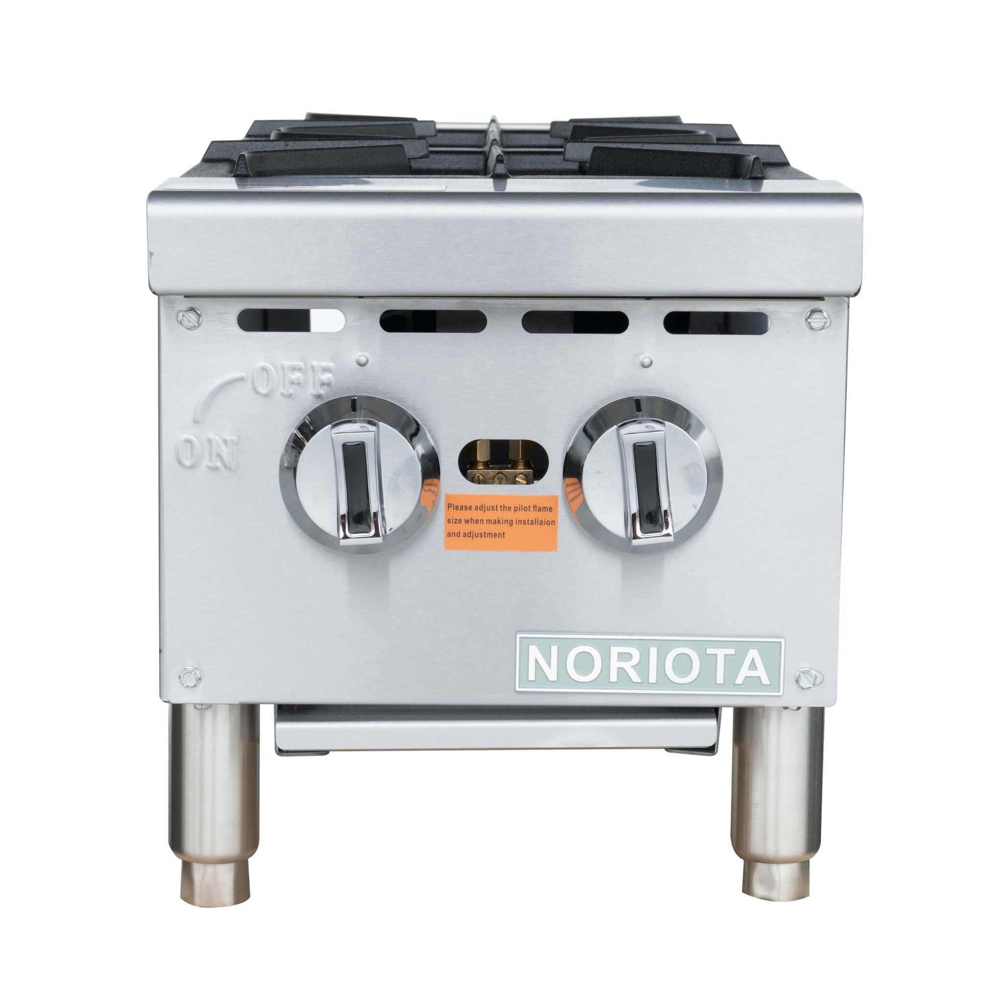 A stainless steel gas hot plate with two front control knobs, black grate burners on top, and a visible NORIOTA brand plate on the front.
