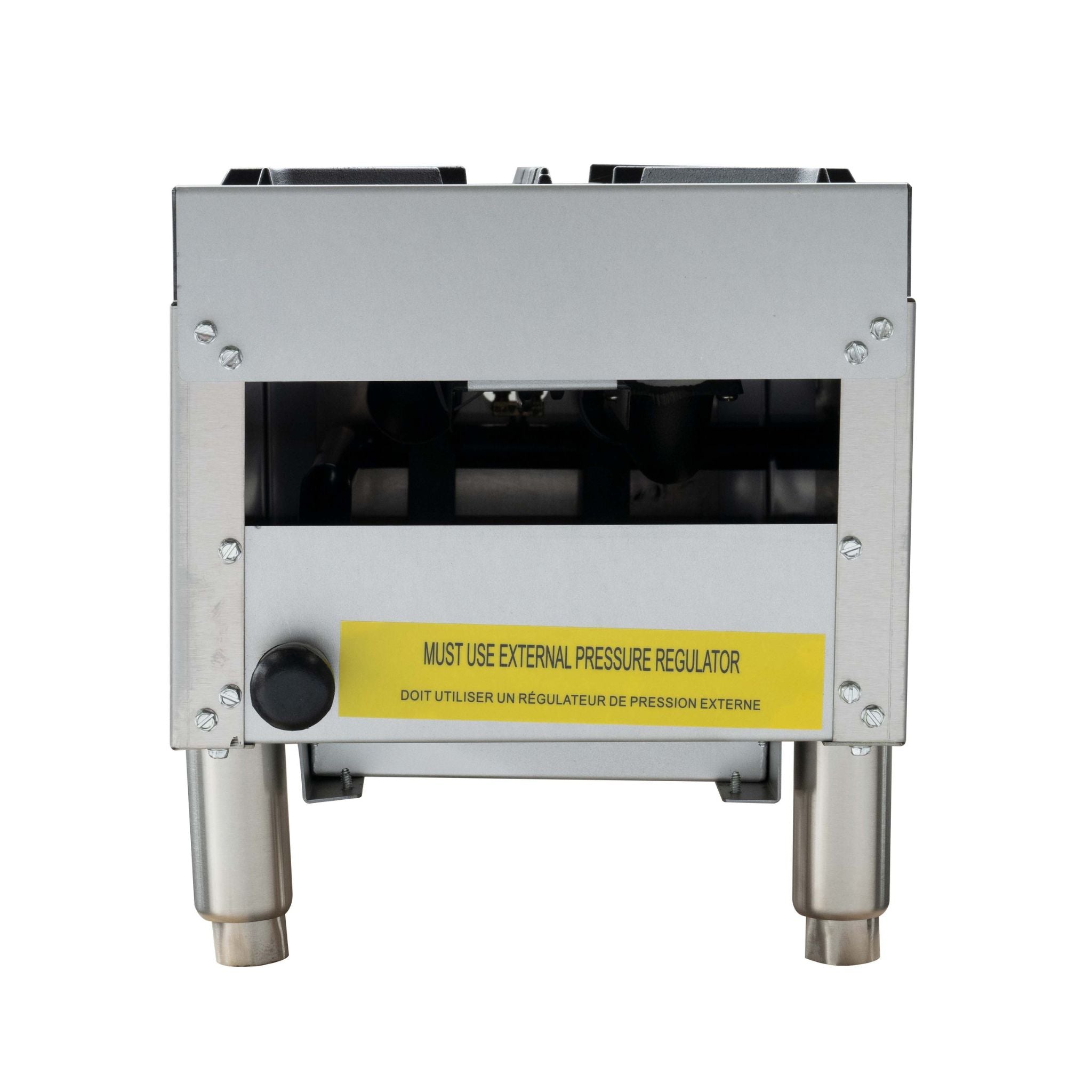 A stainless steel commercial hot plate with a yellow warning label that reads 'MUST USE EXTERNAL PRESSURE REGULATOR' in English and French, shown against a plain white background.