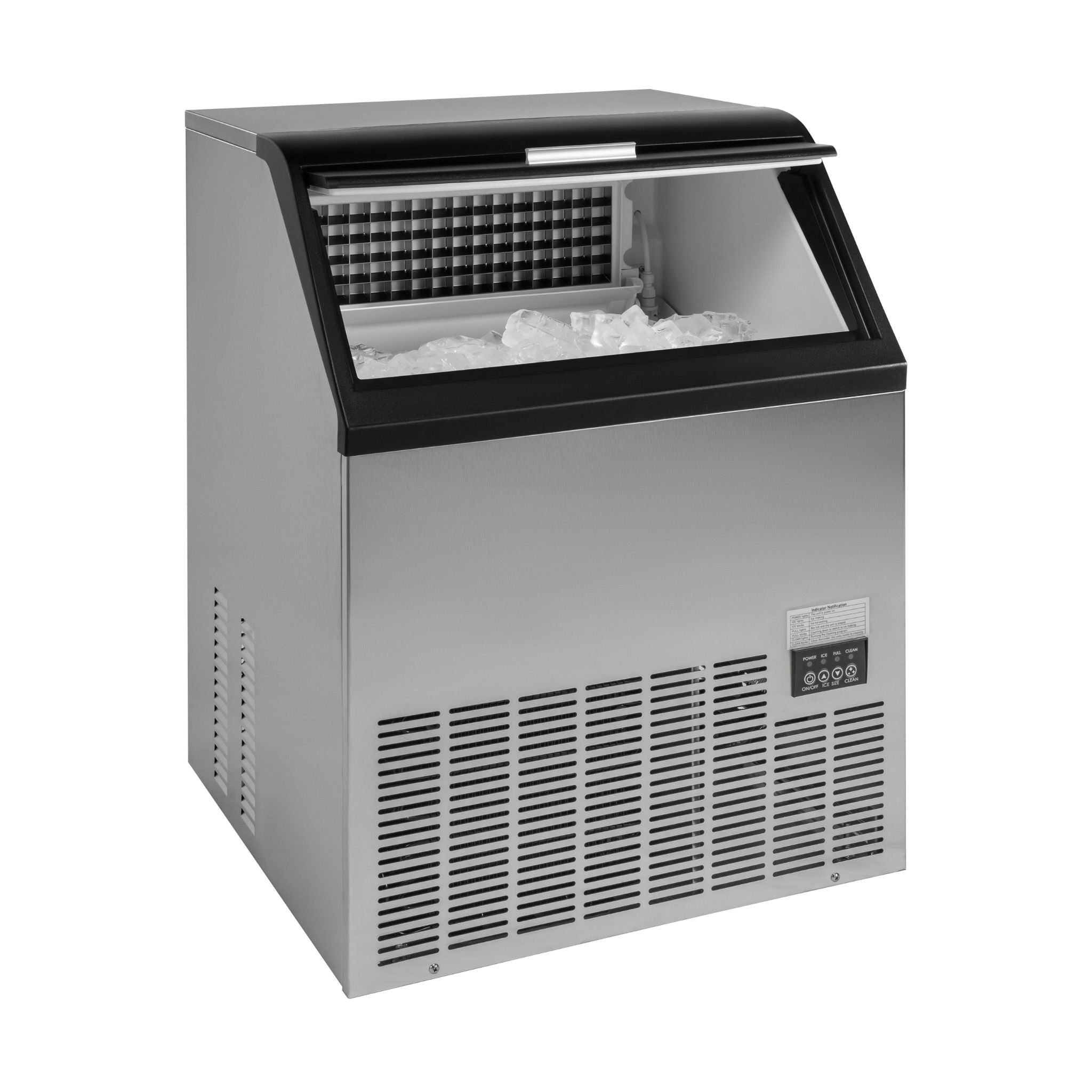 noriota ni120f 120lb commercial ice maker angle left with door open and ice bin full