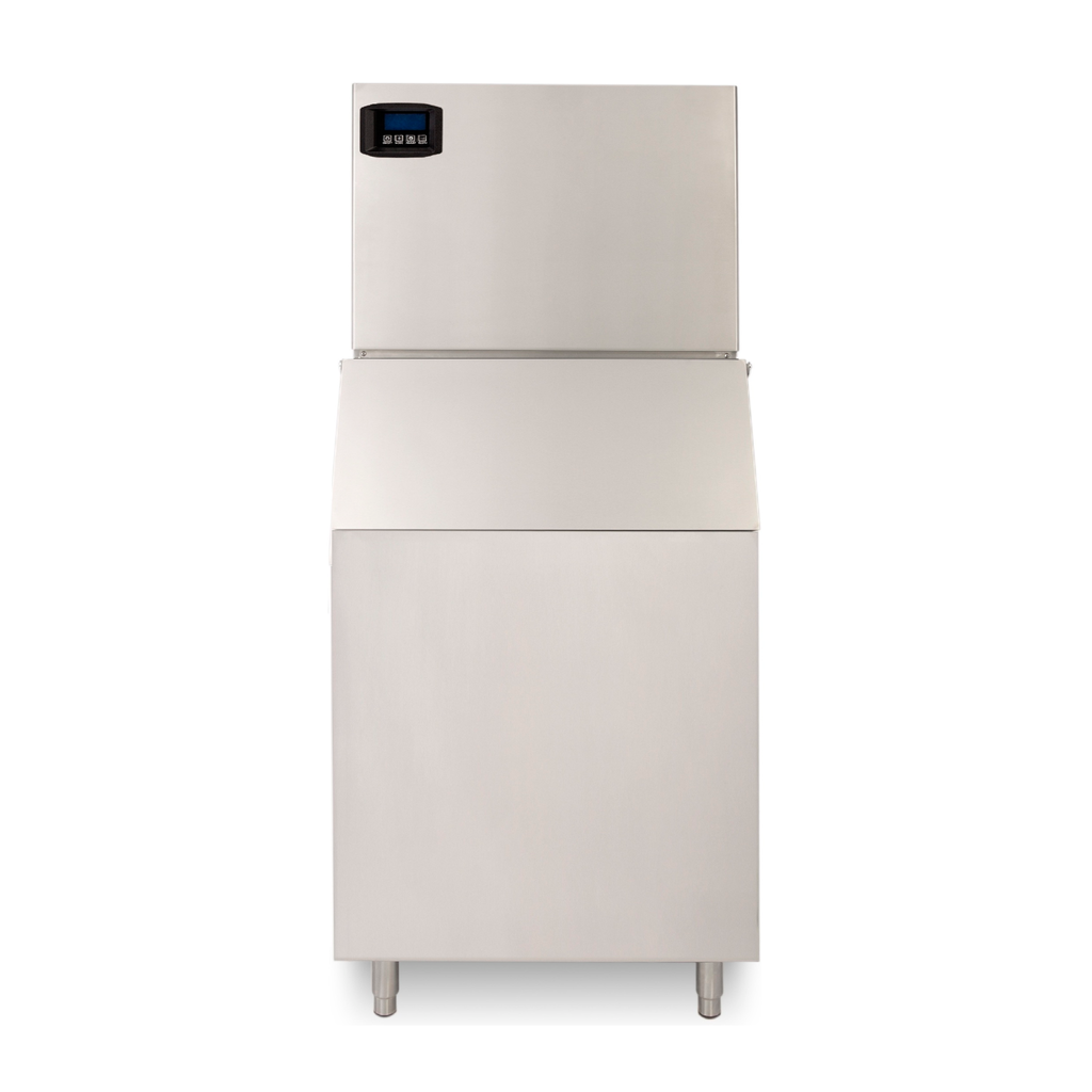 noriota ni500fb470 front view of commercial modular ice machine and ice storage bin all stainless steel