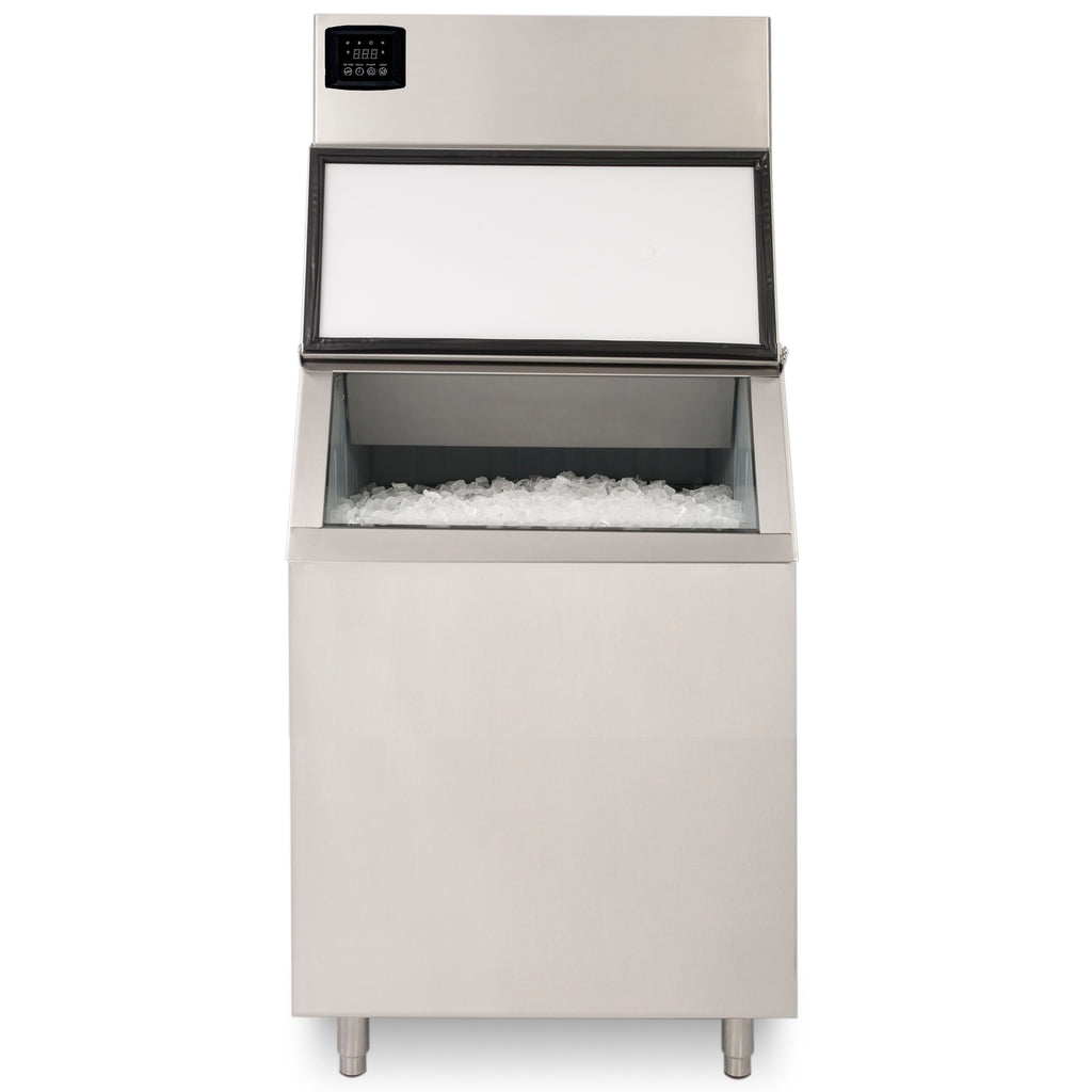 noriota ni500fb470 front view of commercial modular ice machine and ice storage bin full of ice all stainless steel