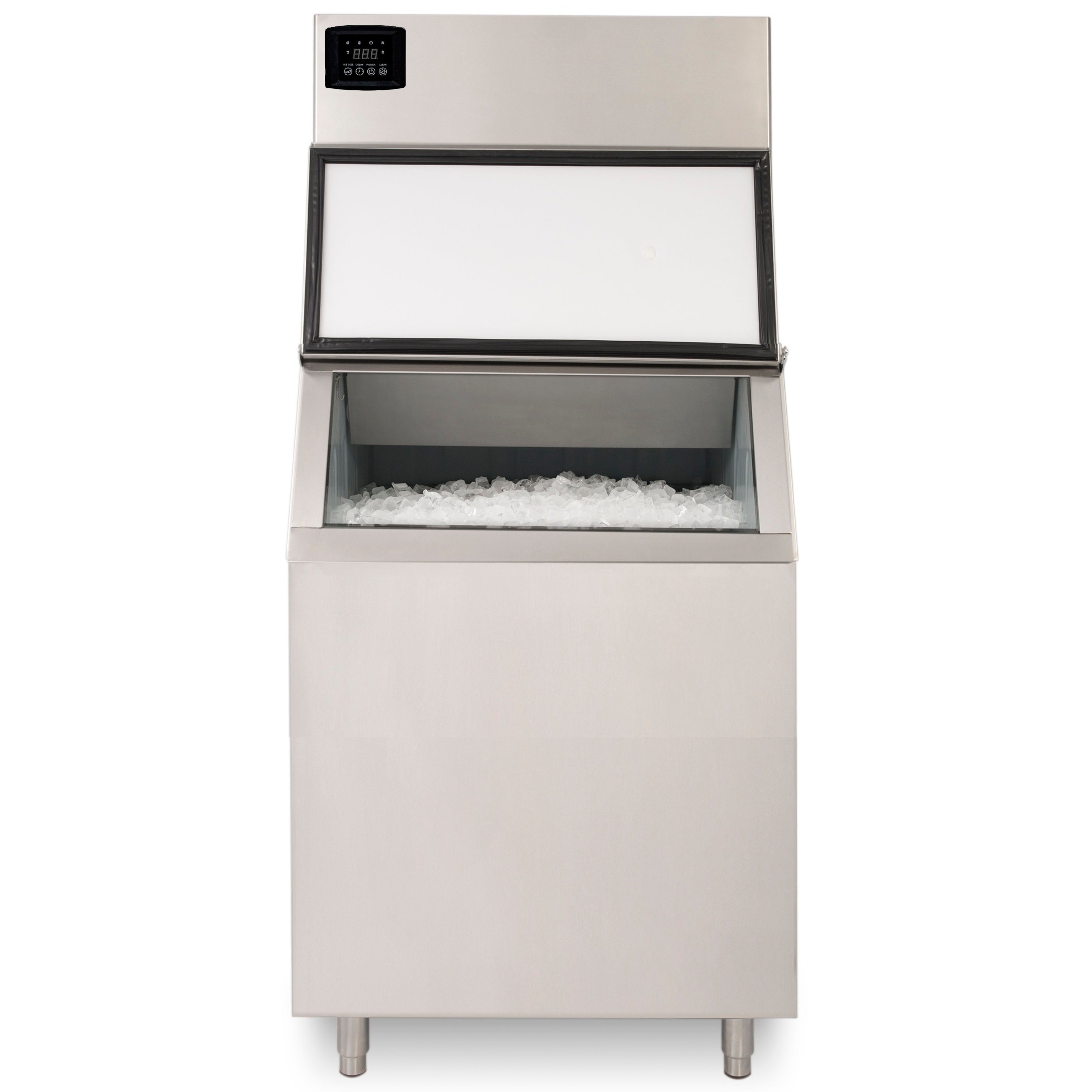 noriota ni500fb470 front view of commercial modular ice machine and ice storage bin full of ice all stainless steel