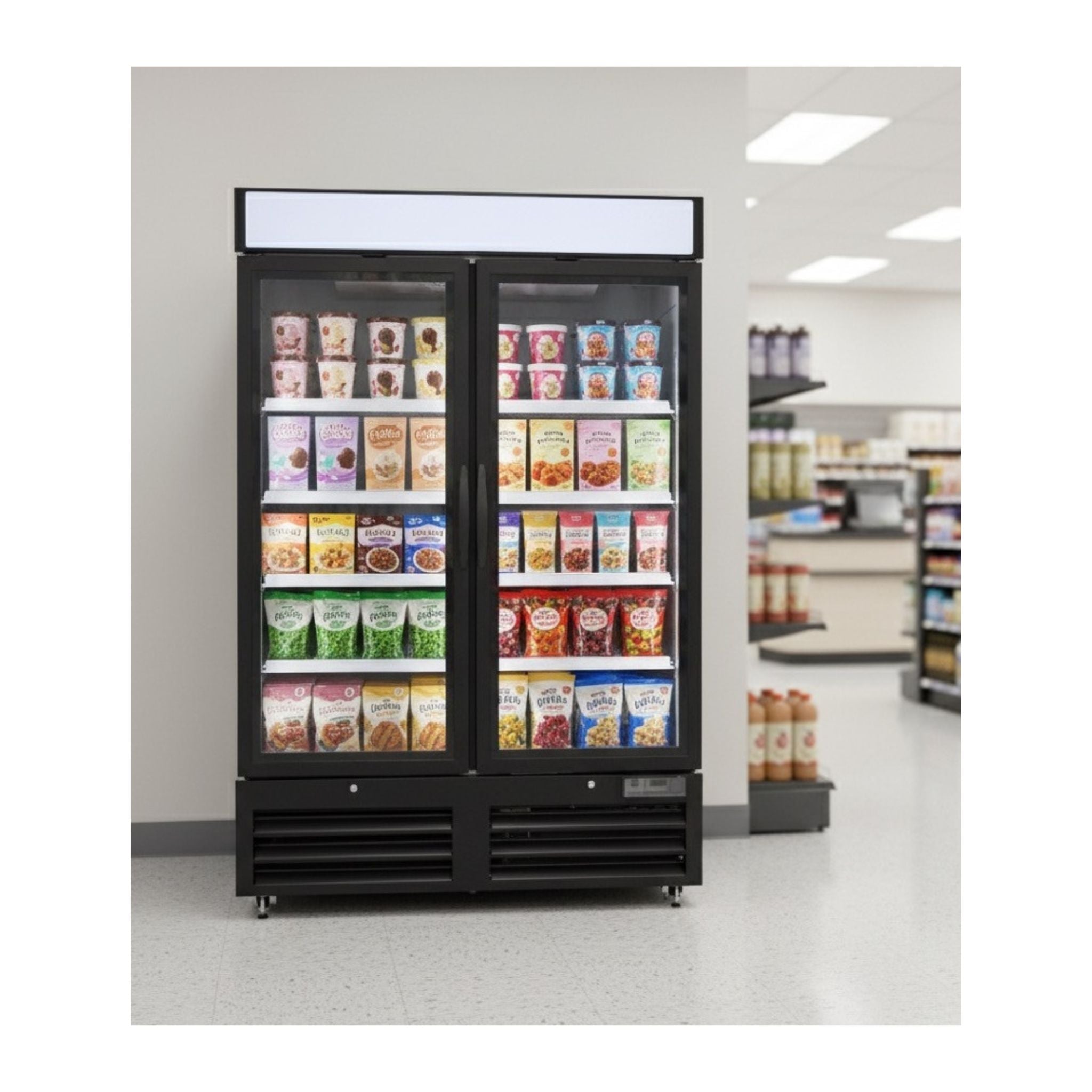 noriota nmf48b commercial freezer merchandiser lifestyle image in grocery store