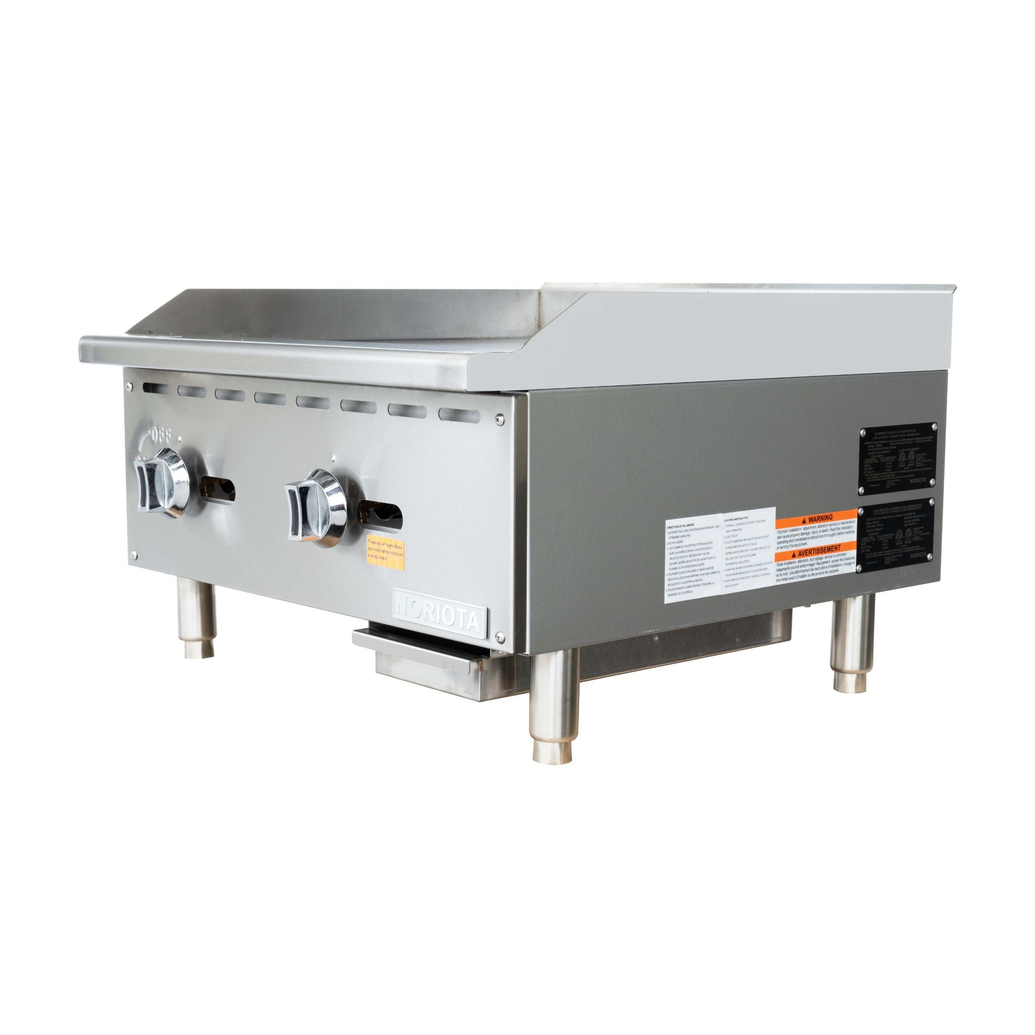 A commercial two-burner gas grill or manual griddle with a stainless steel body, featuring two control knobs on the front, a flat grilling surface, and support legs, shown against a plain white background.