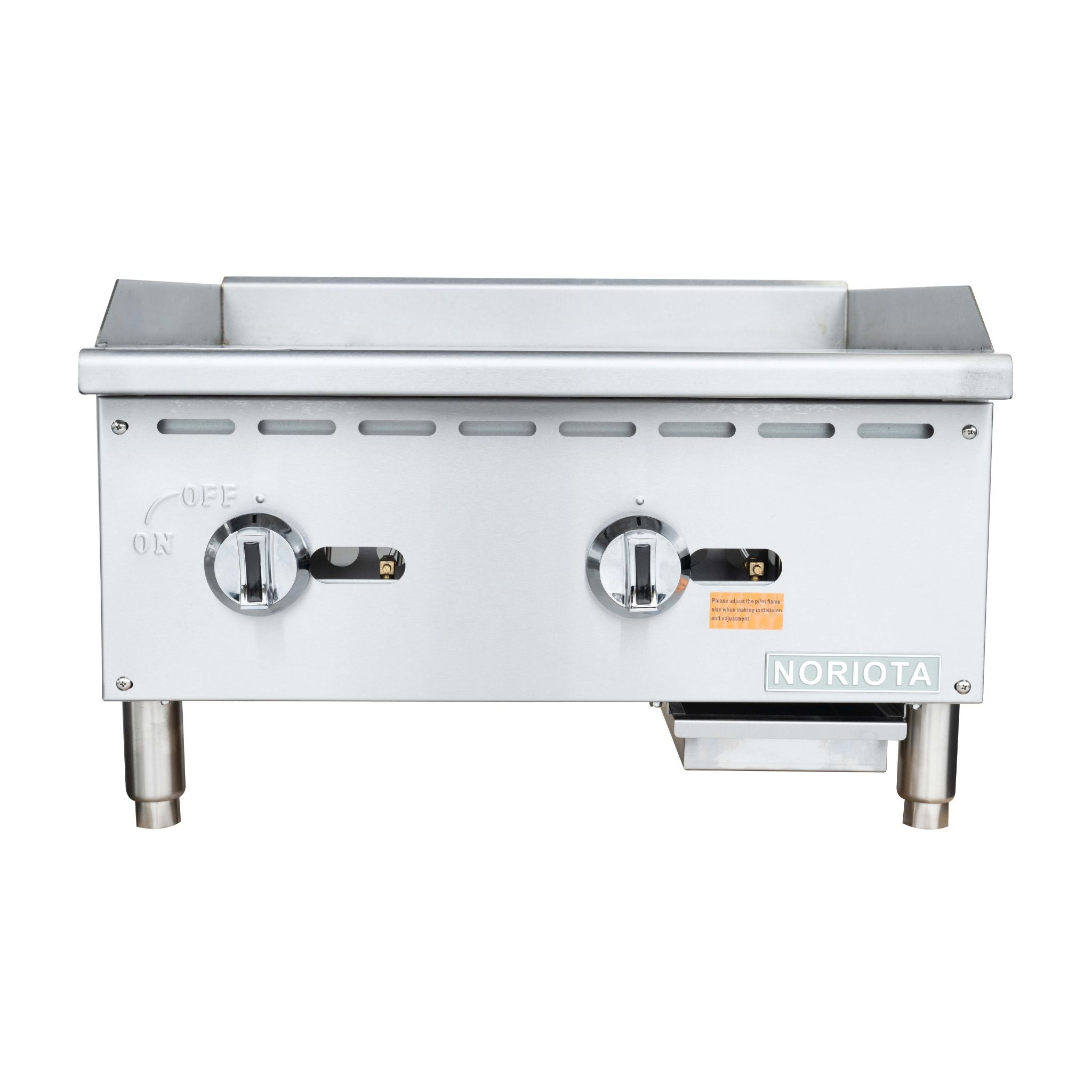 A stainless steel commercial gas griddle with two control knobs, a small orange warning label, and the brand name 'NORIOTA' on the front, set against a plain white background.