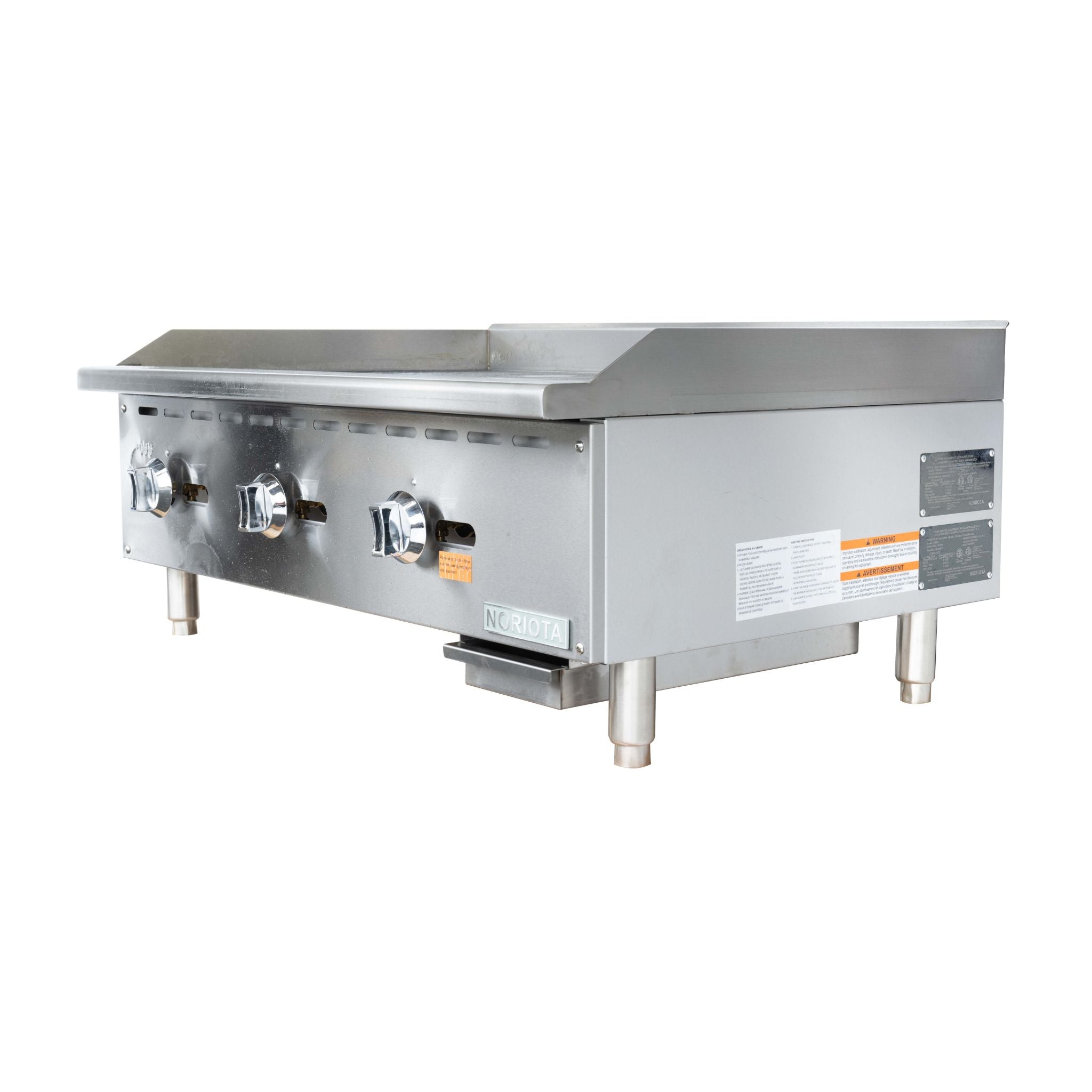 A stainless steel commercial gas flat top grill  or manual gas griddle with three control knobs on the front, standing on four legs against a plain white background.
