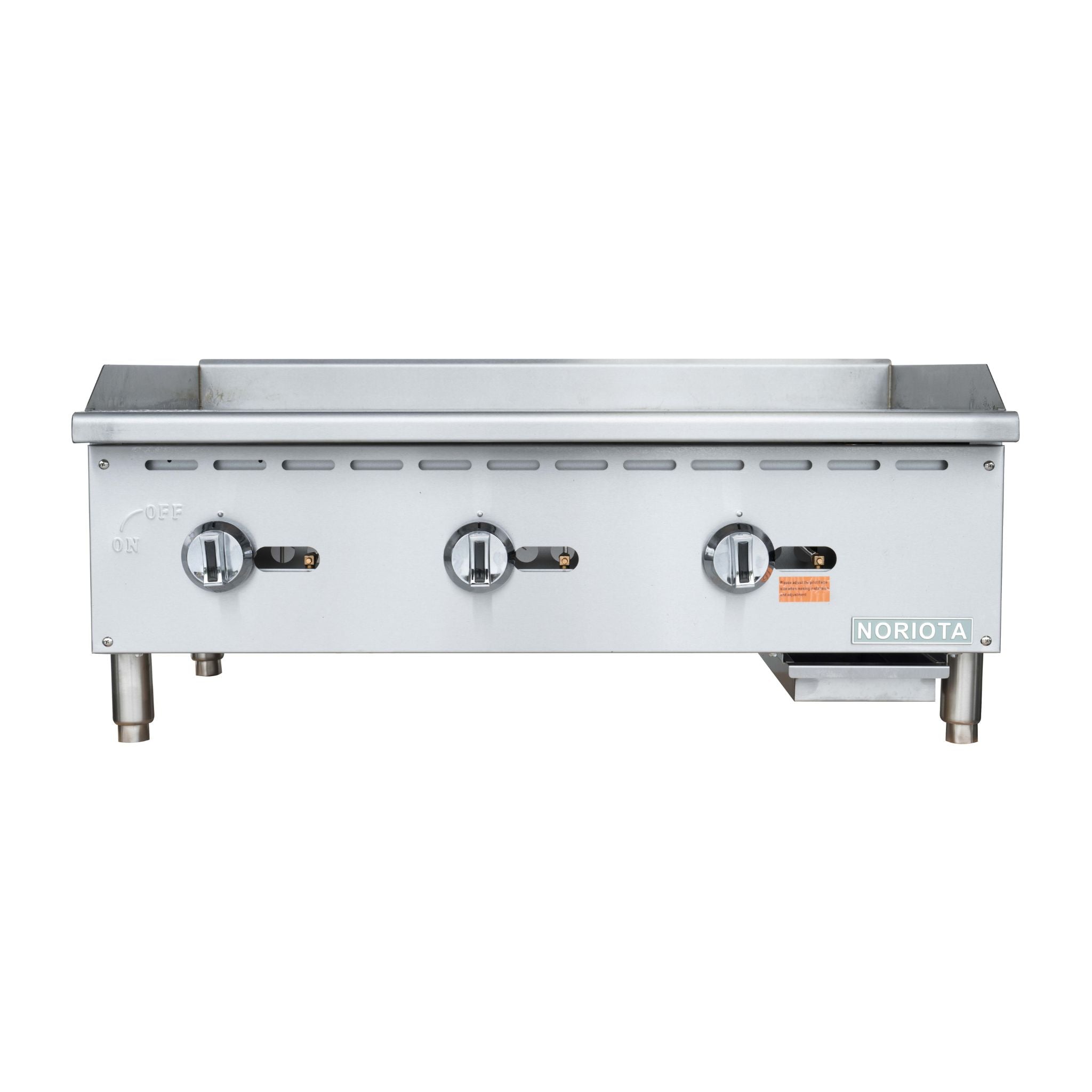 A stainless steel gas grill or griddle with three front control knobs, shown against a plain white background. The brand name 'NORIOTA' is visible on the lower right front panel.