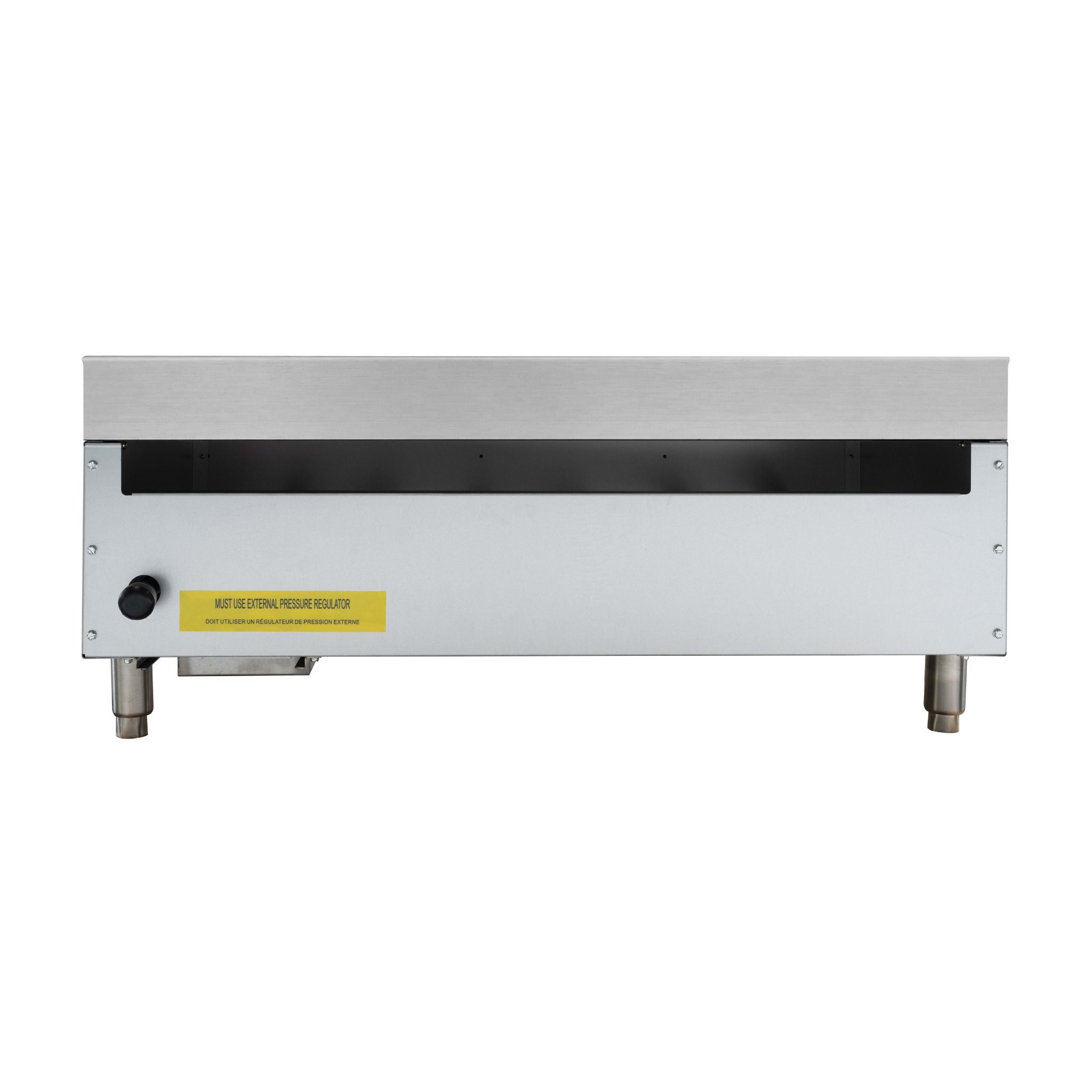 A stainless steel commercial gas flat top griddle or manual griddle with a black vented panel on top, a yellow warning label, and metal legs, shown against a plain white background.
