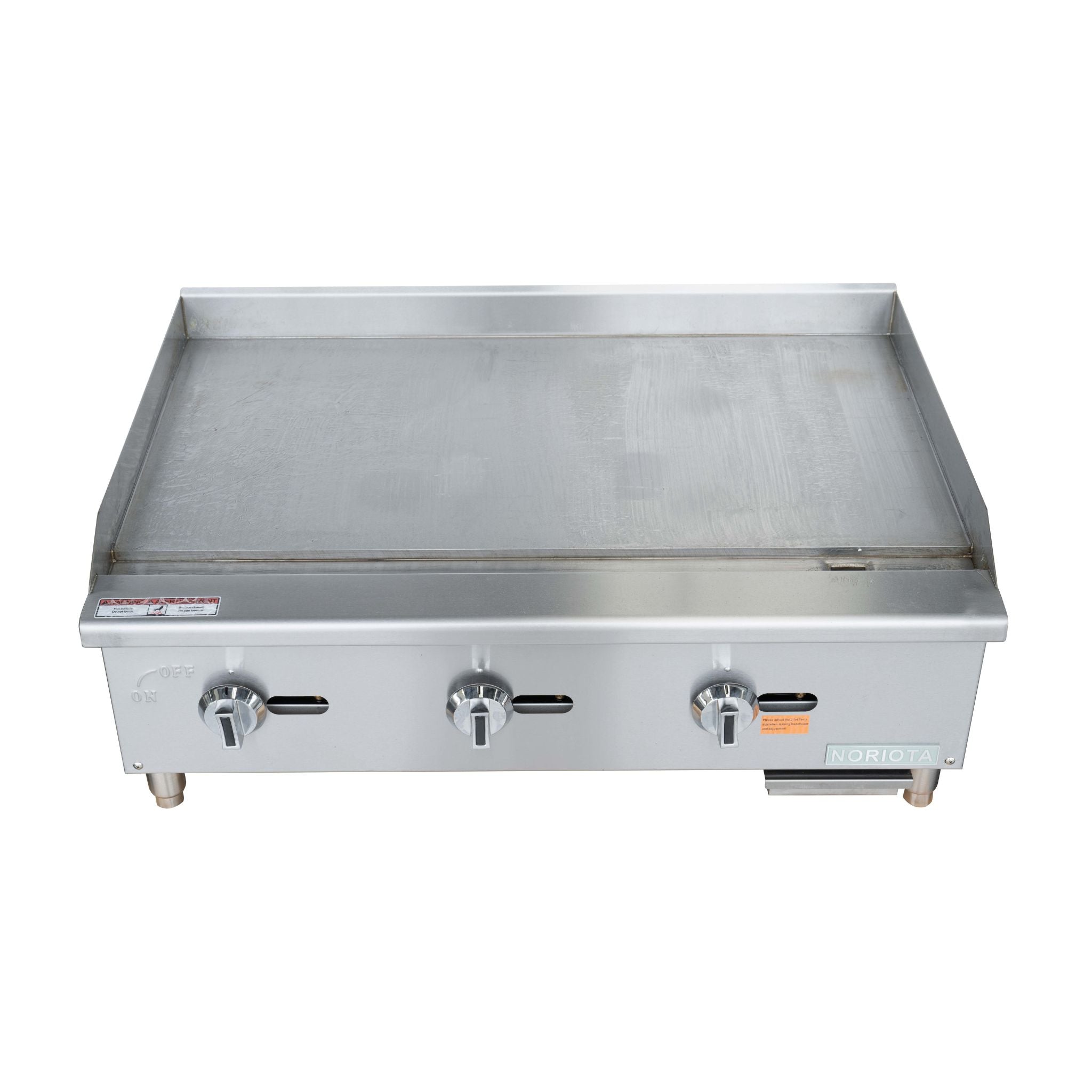A commercial gas griddle or flat top with a stainless steel flat cooking surface and three front control knobs, isolated on a white background.