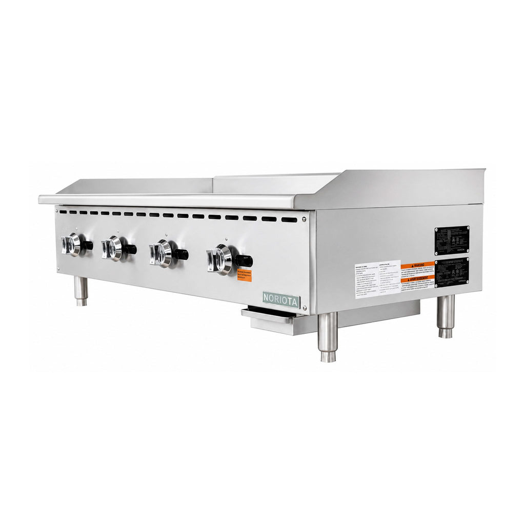 A commercial gas grill or griddle in stainless steel, shown from a three-quarter angle on a plain white background. It features four front control knobs, a flat cooking surface, and a power cord entry on the side.