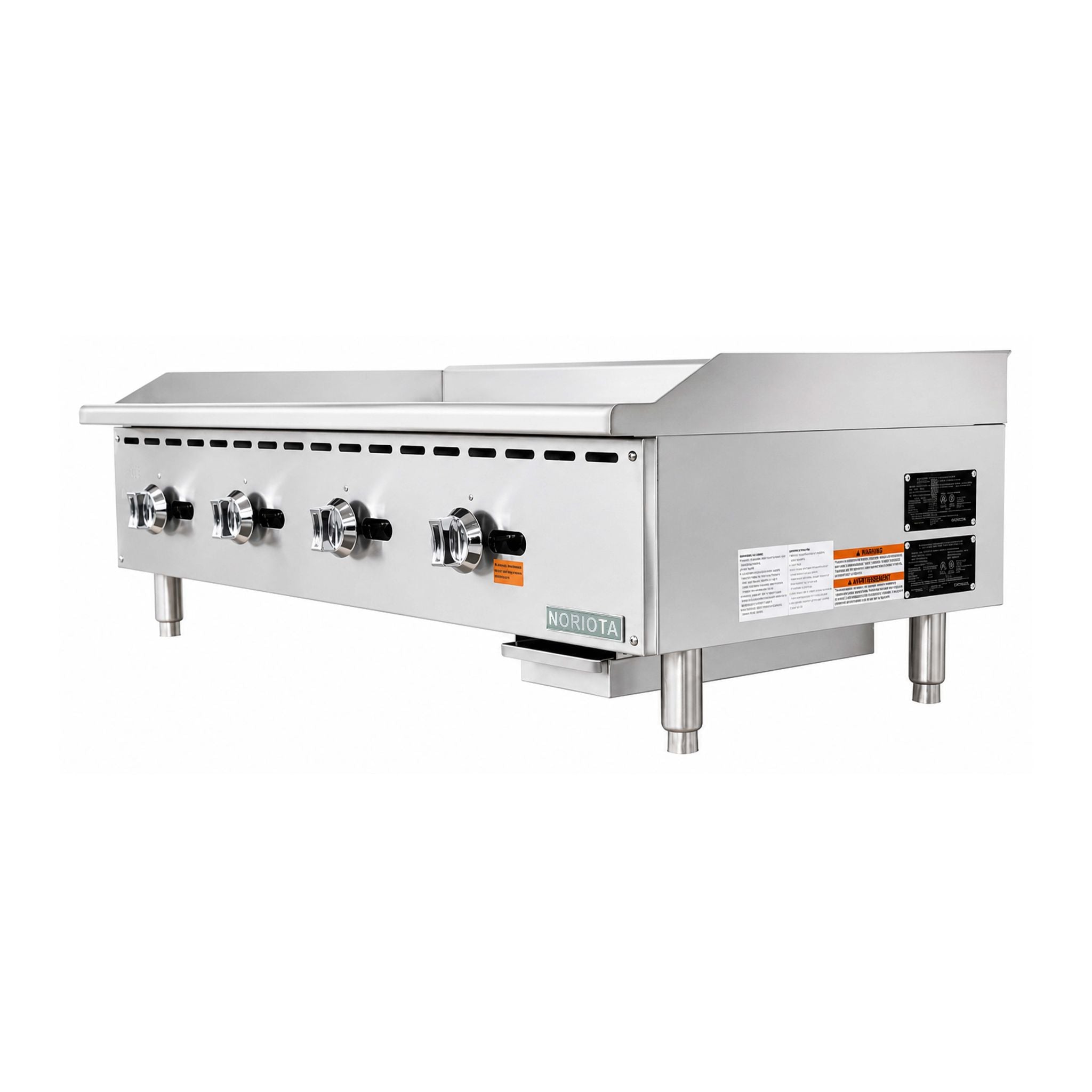 A commercial gas grill or griddle in stainless steel, shown from a three-quarter angle on a plain white background. It features four front control knobs, a flat cooking surface, and a power cord entry on the side.