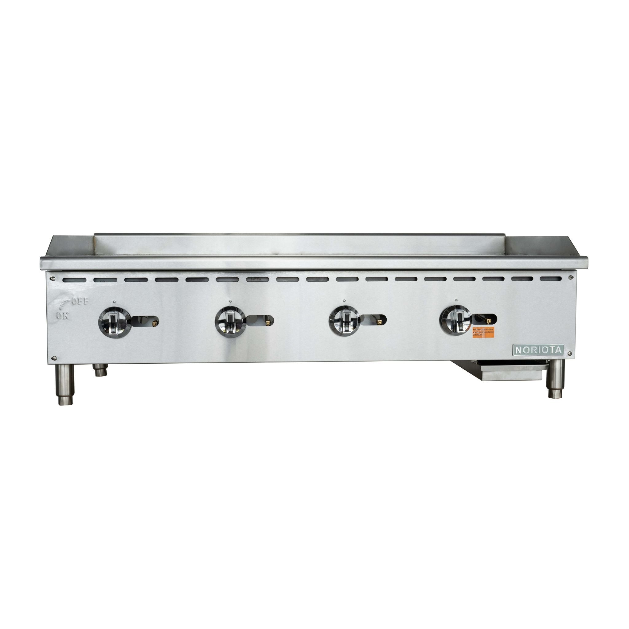 A stainless steel commercial gas grill with four front burners, four control knobs, and a flat griddle surface, shown against a plain white background.