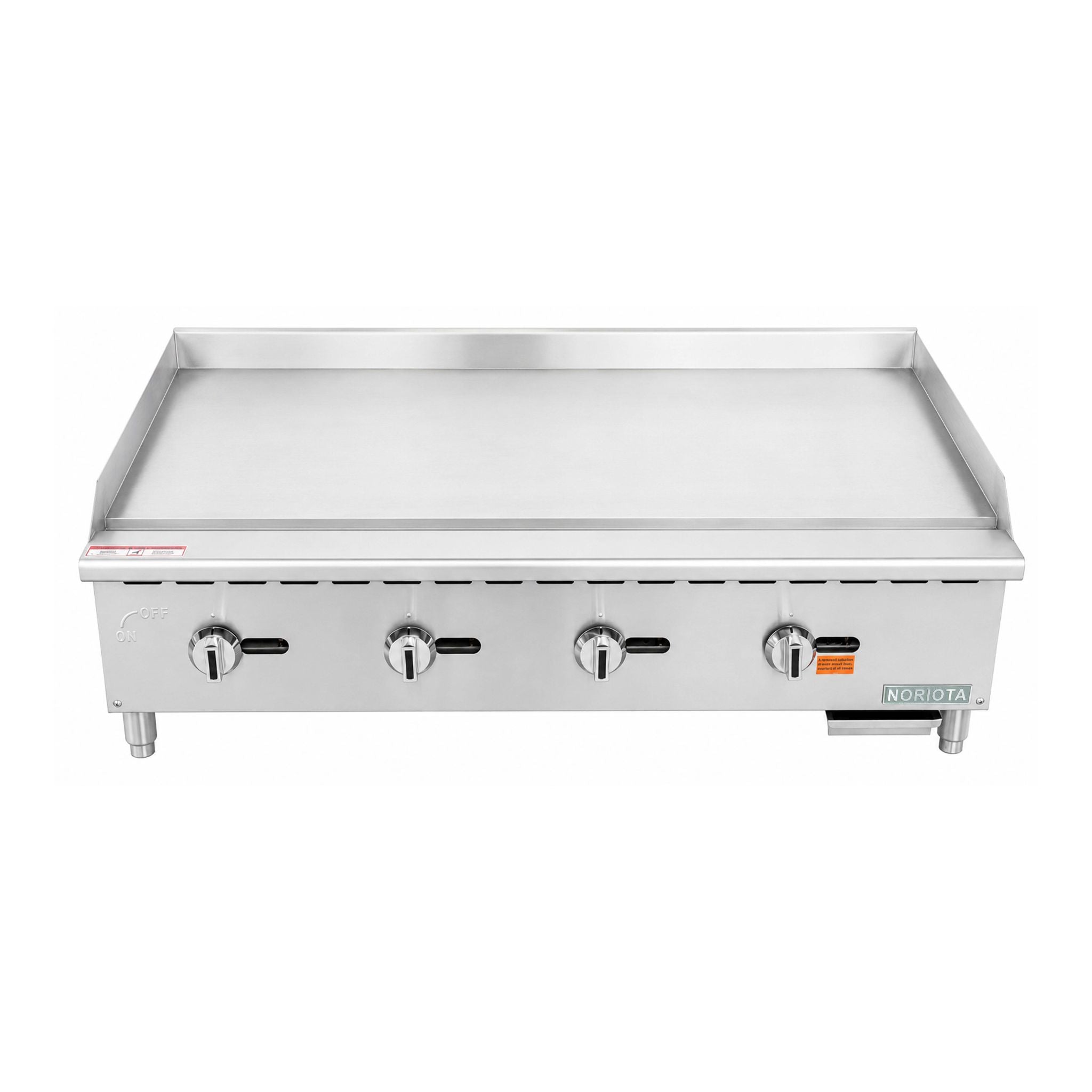 A stainless steel commercial gas manual griddle with four control knobs on the front, set against a plain white background.